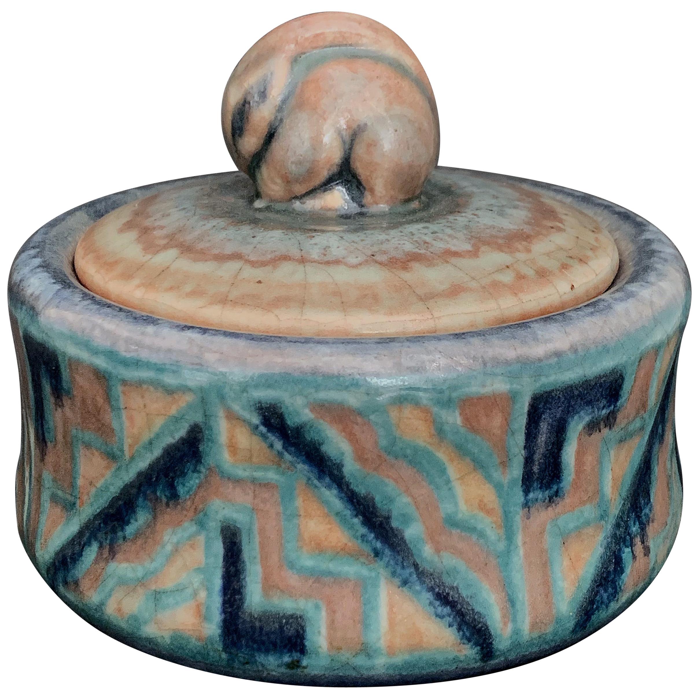 Rare Covered Art Deco Jar with Rabbit Finial by Gensoli for Sevres, Blue & Gray For Sale