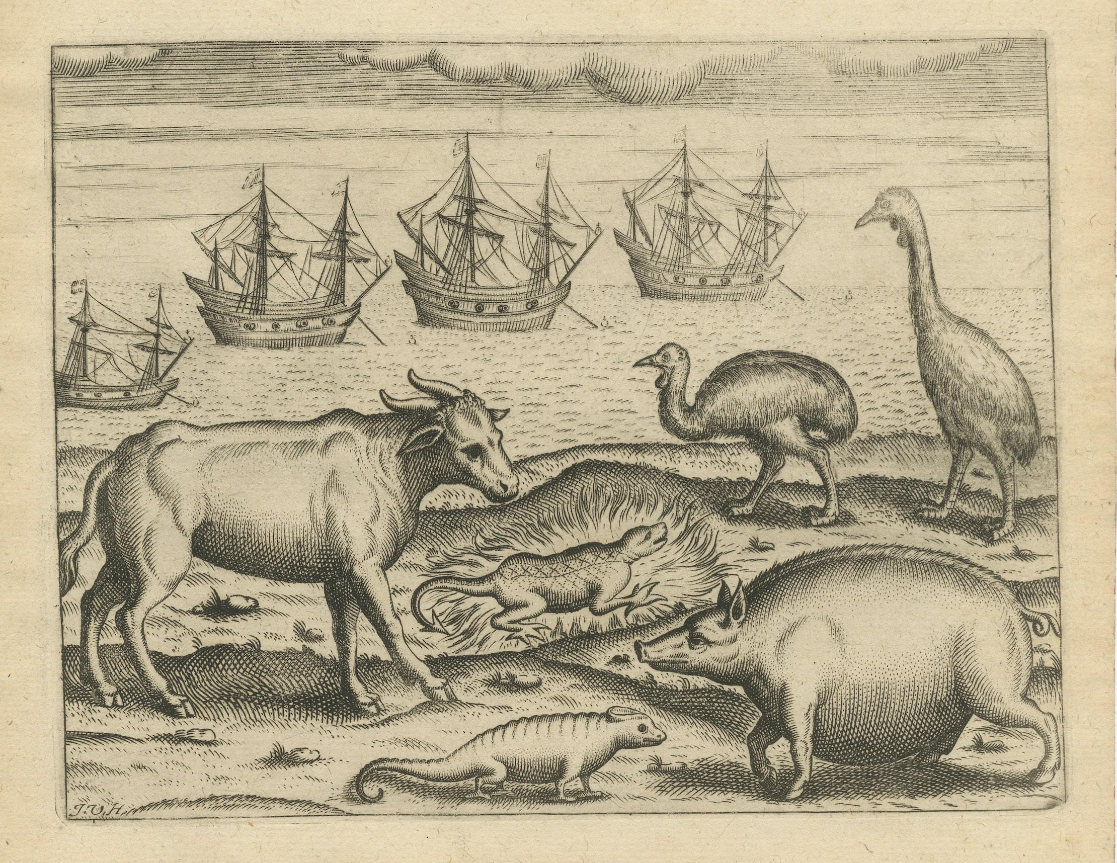 Engraved Rare Creatures of the East: A 1601 de Bry Copper Engraving from the Indies For Sale