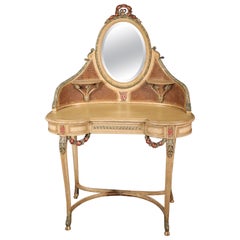 Rare Crème Painted Carved Cane French Louis XV Ladies Vanity with Mirror