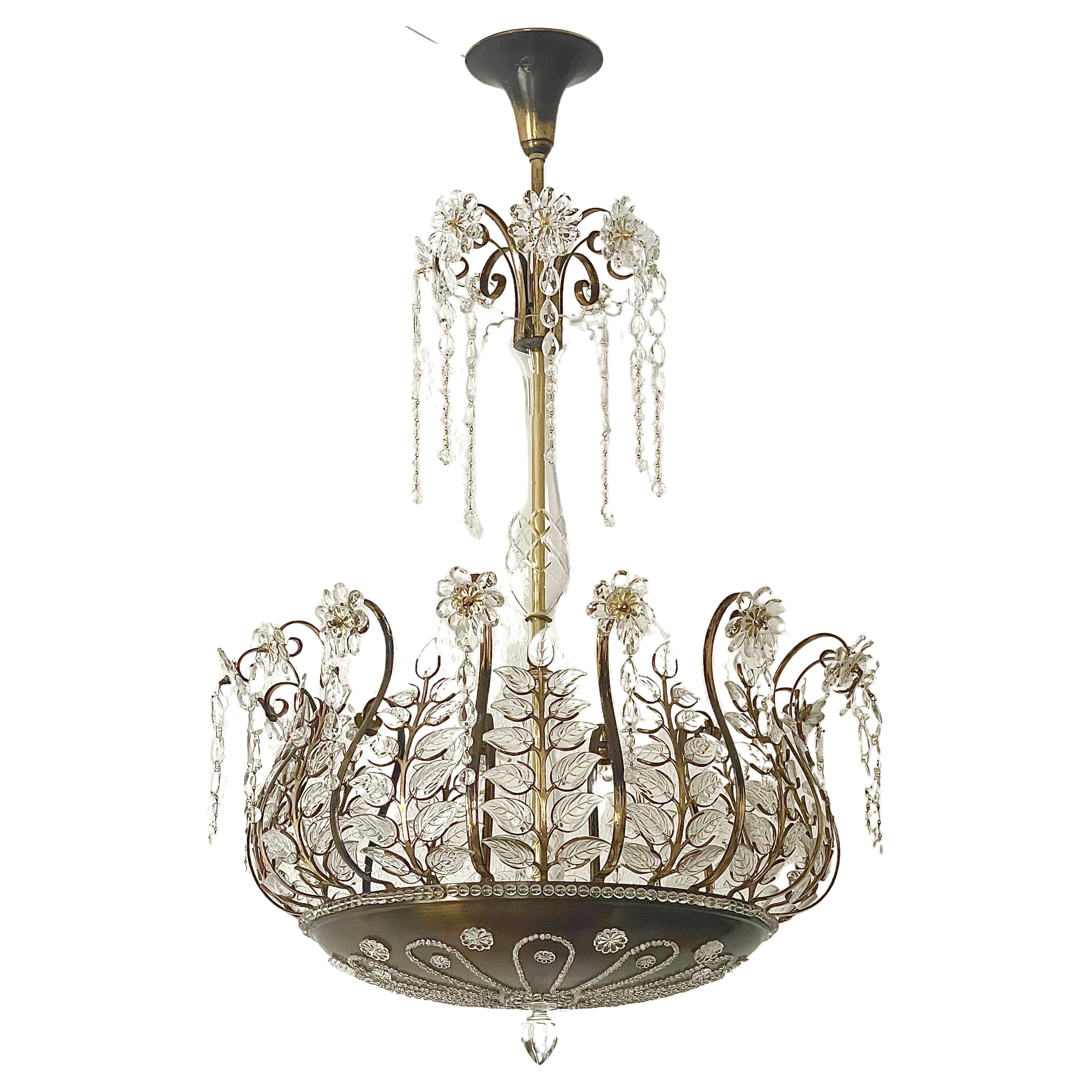 Brass Rare Crystal Chandelier in the Style of Maison Baguès, France, 1950s