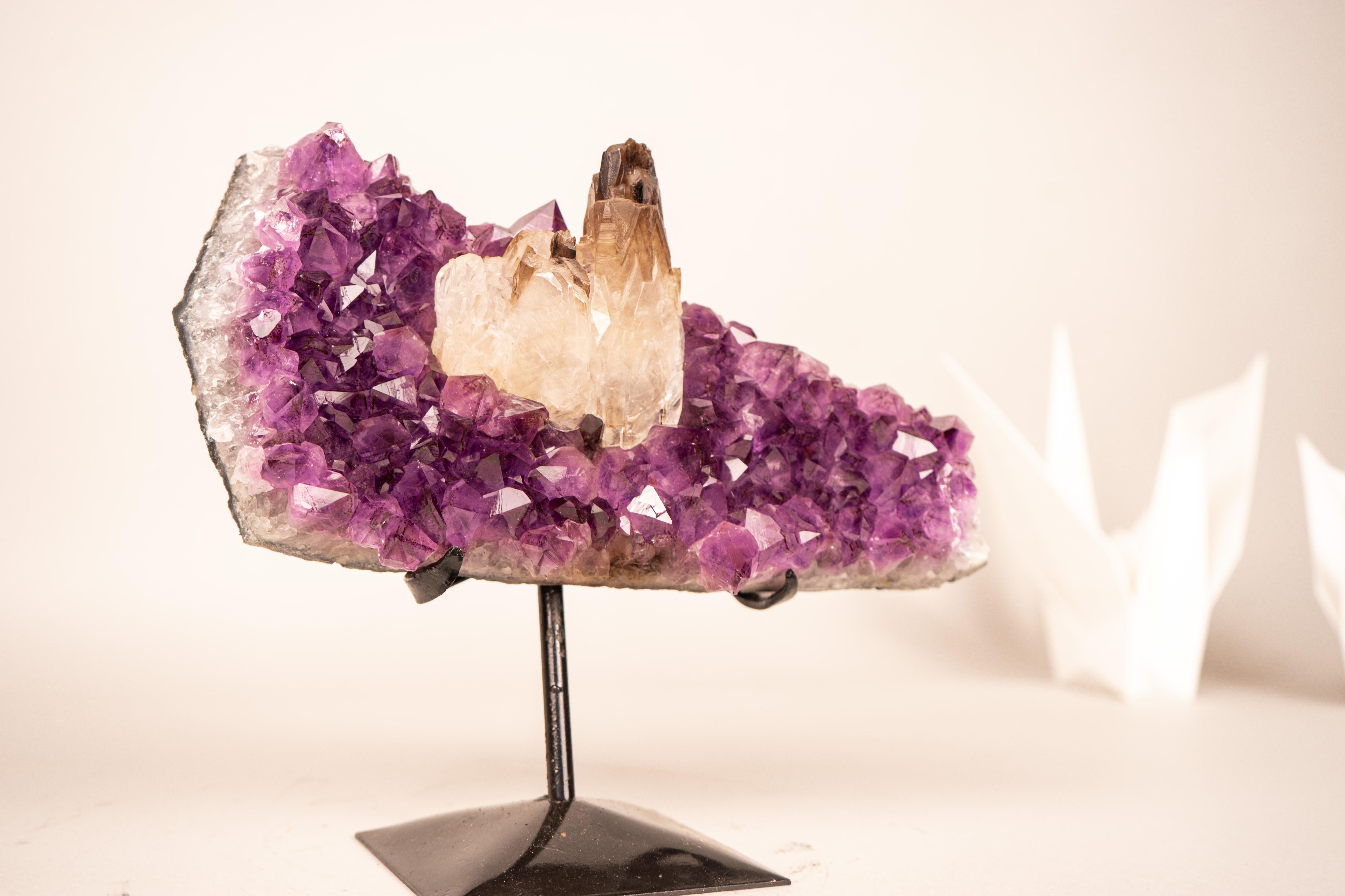 Brasiliano Rare Crystal Smoky Calcite on Deep Purple Amethyst Cluster in vendita