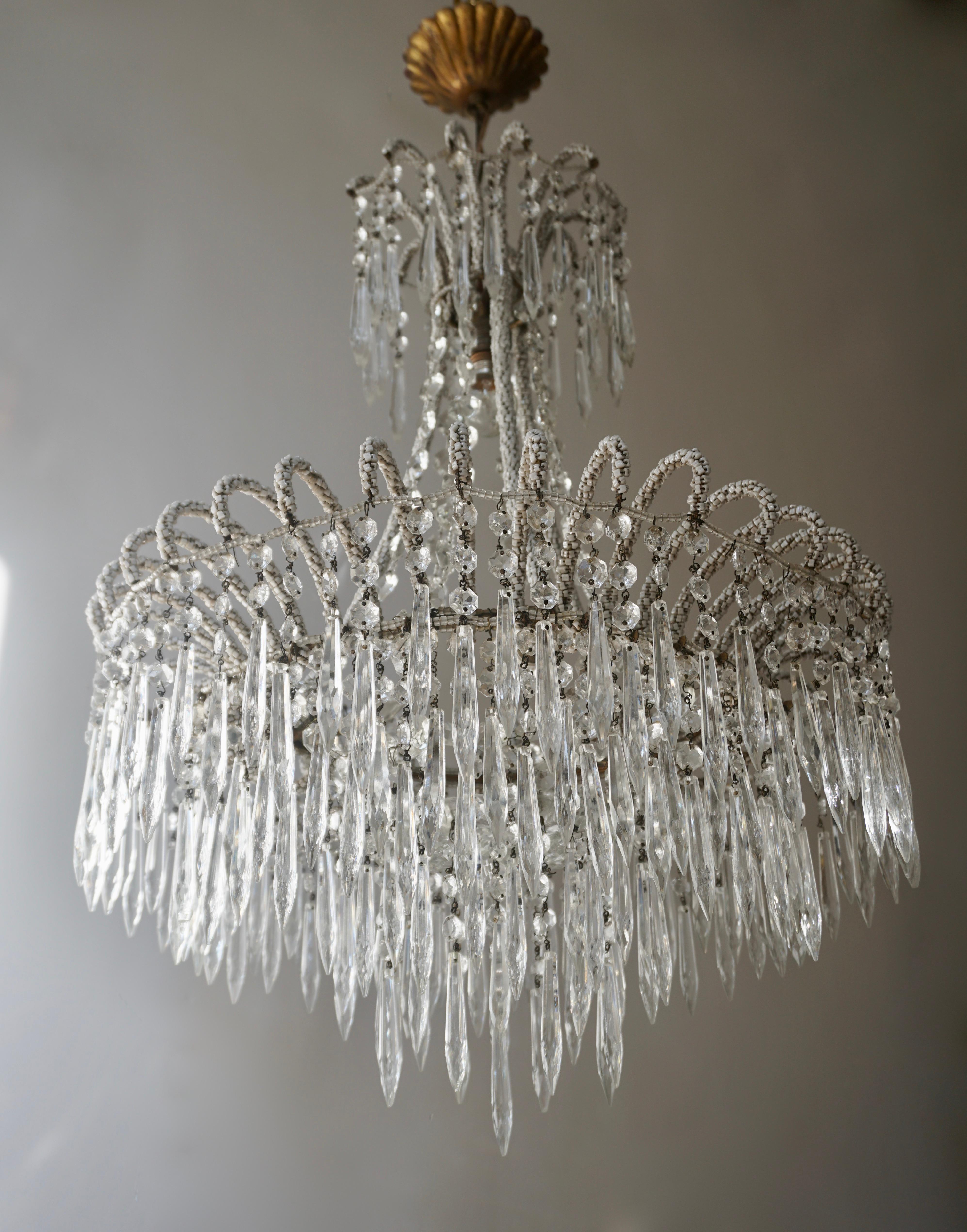 Hollywood Regency Rare Crystal Waterfall Chandelier Covered with Thousands White Murano Glasses For Sale