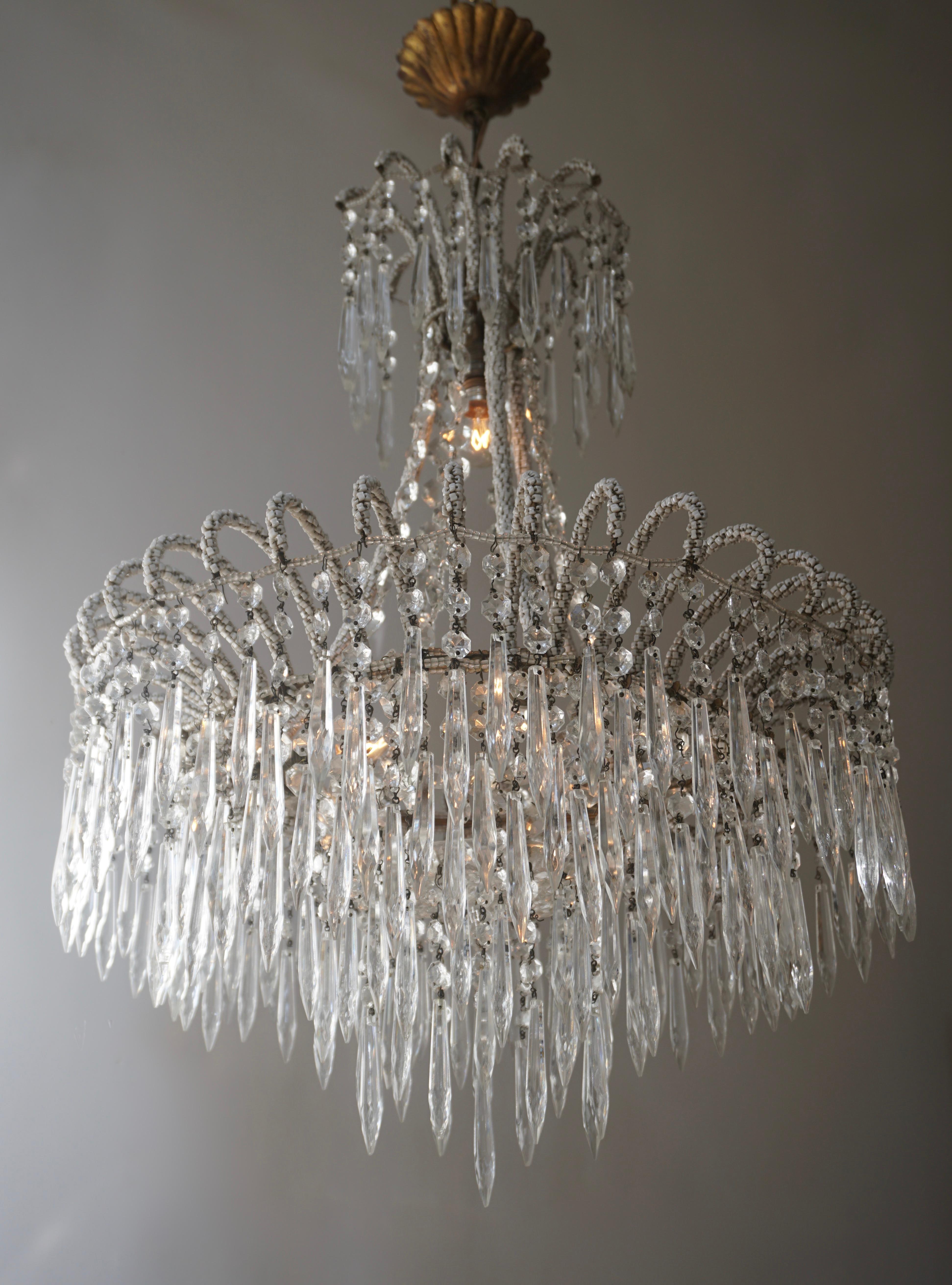 Italian Rare Crystal Waterfall Chandelier Covered with Thousands White Murano Glasses For Sale