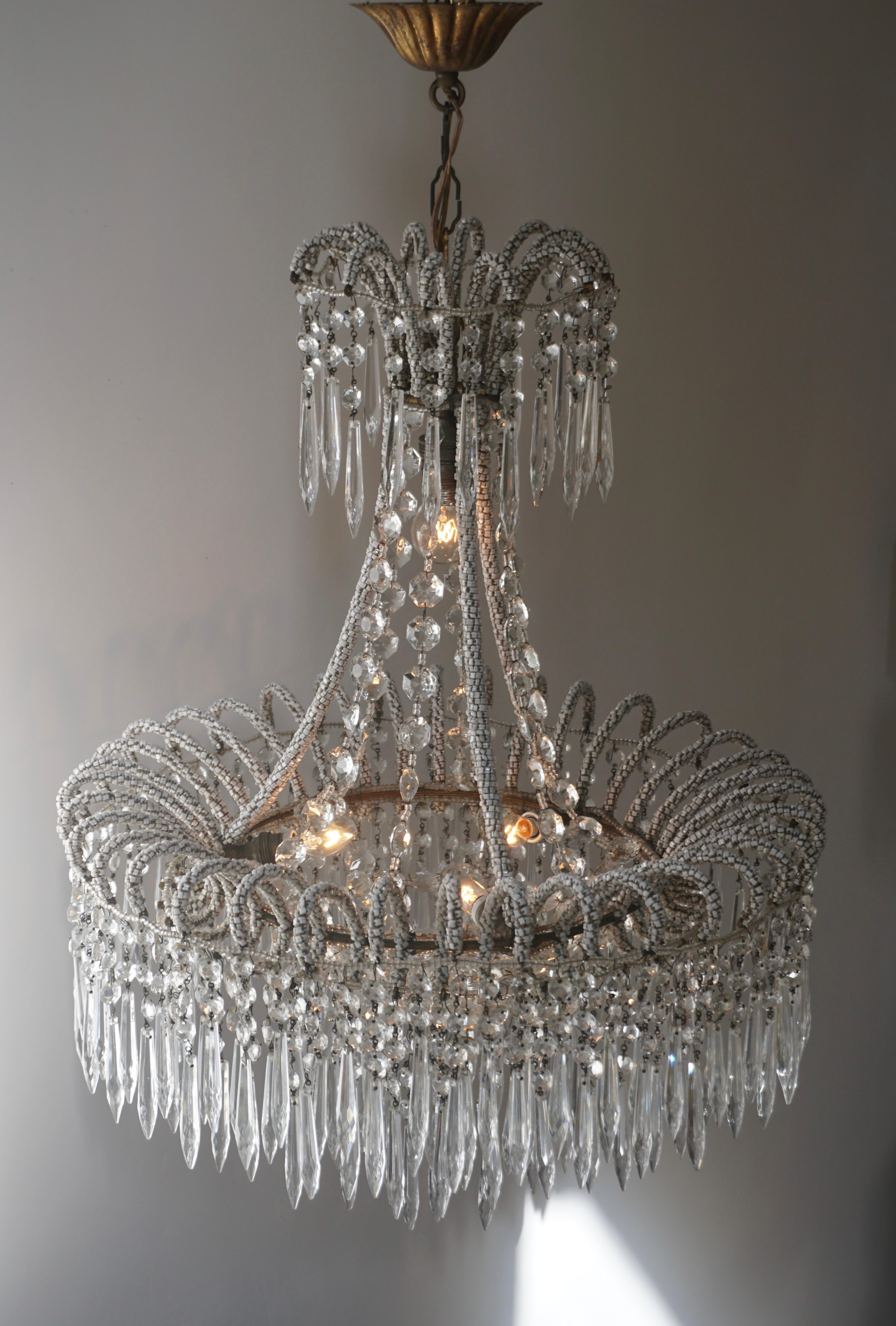 Brass Rare Crystal Waterfall Chandelier Covered with Thousands White Murano Glasses For Sale