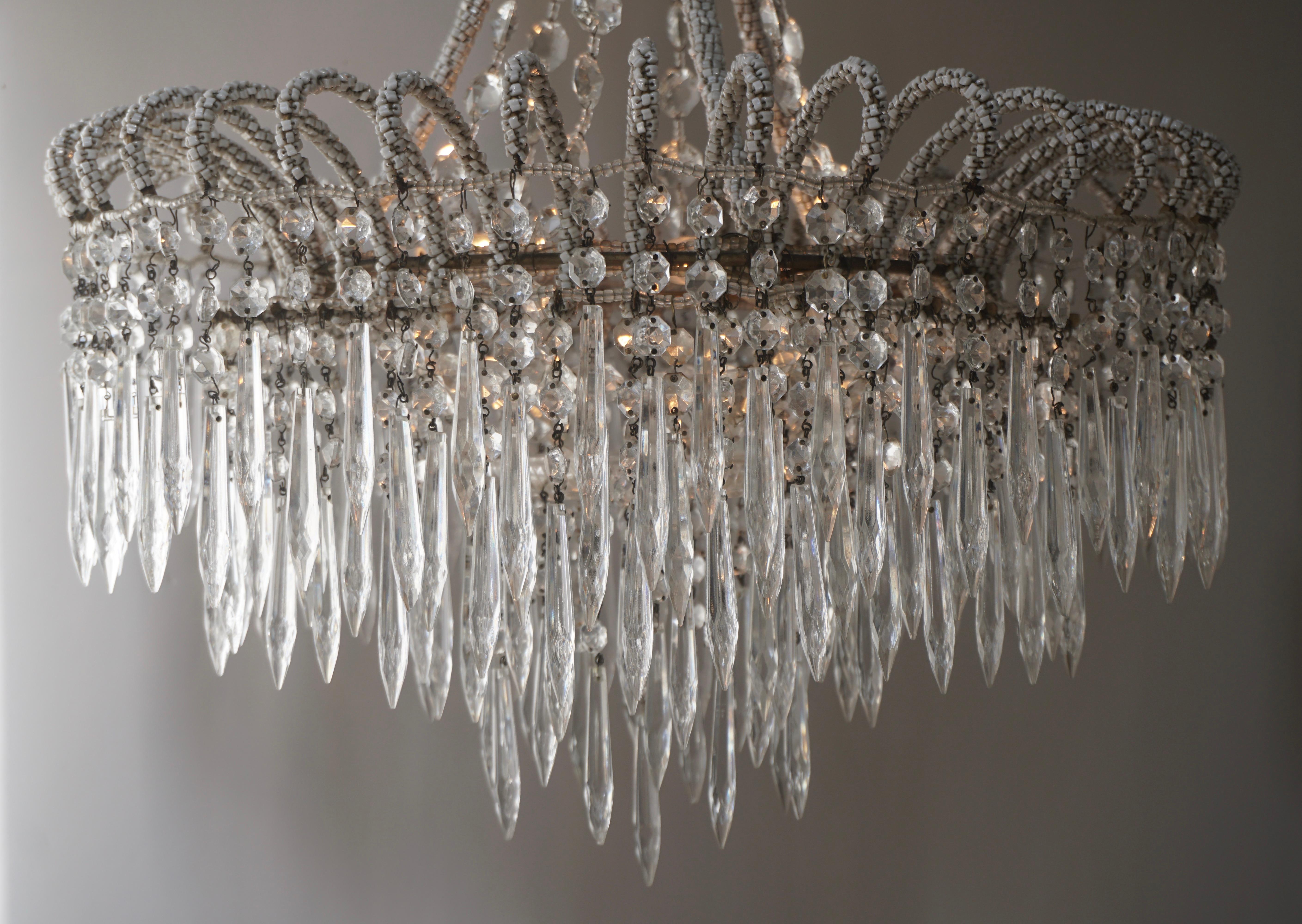 Rare Crystal Waterfall Chandelier Covered with Thousands White Murano Glasses For Sale 1
