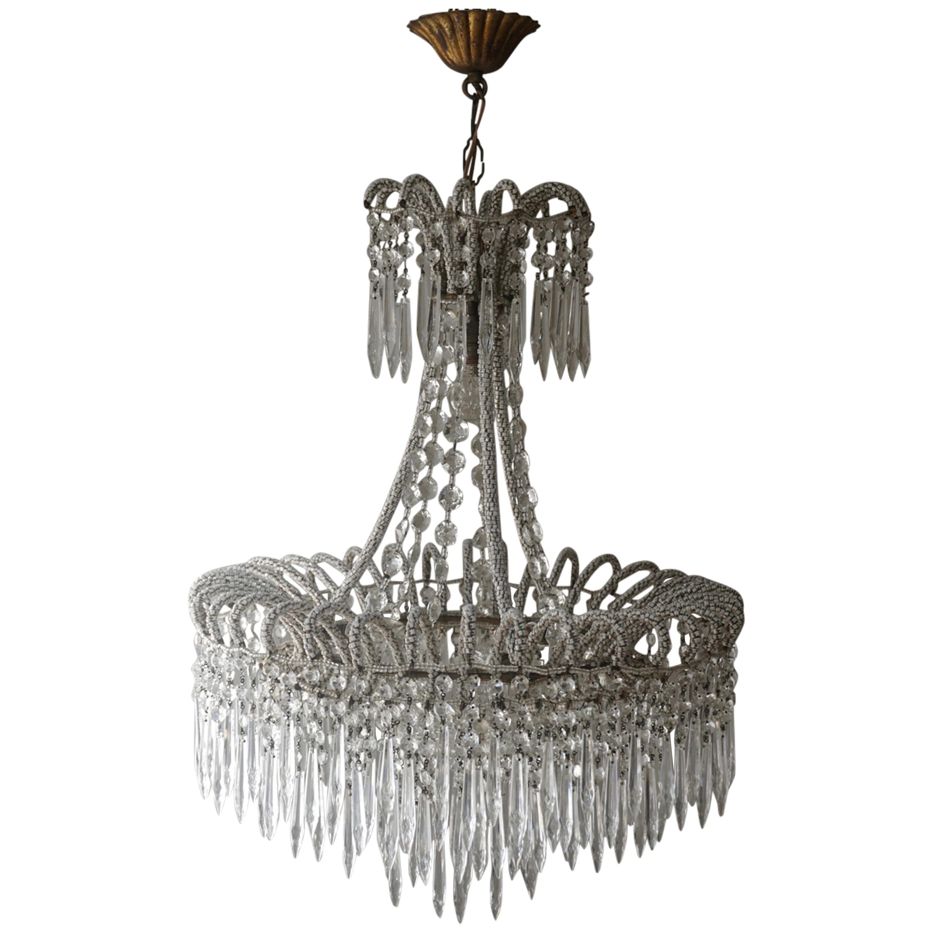 Rare Crystal Waterfall Chandelier Covered with Thousands White Murano Glasses For Sale
