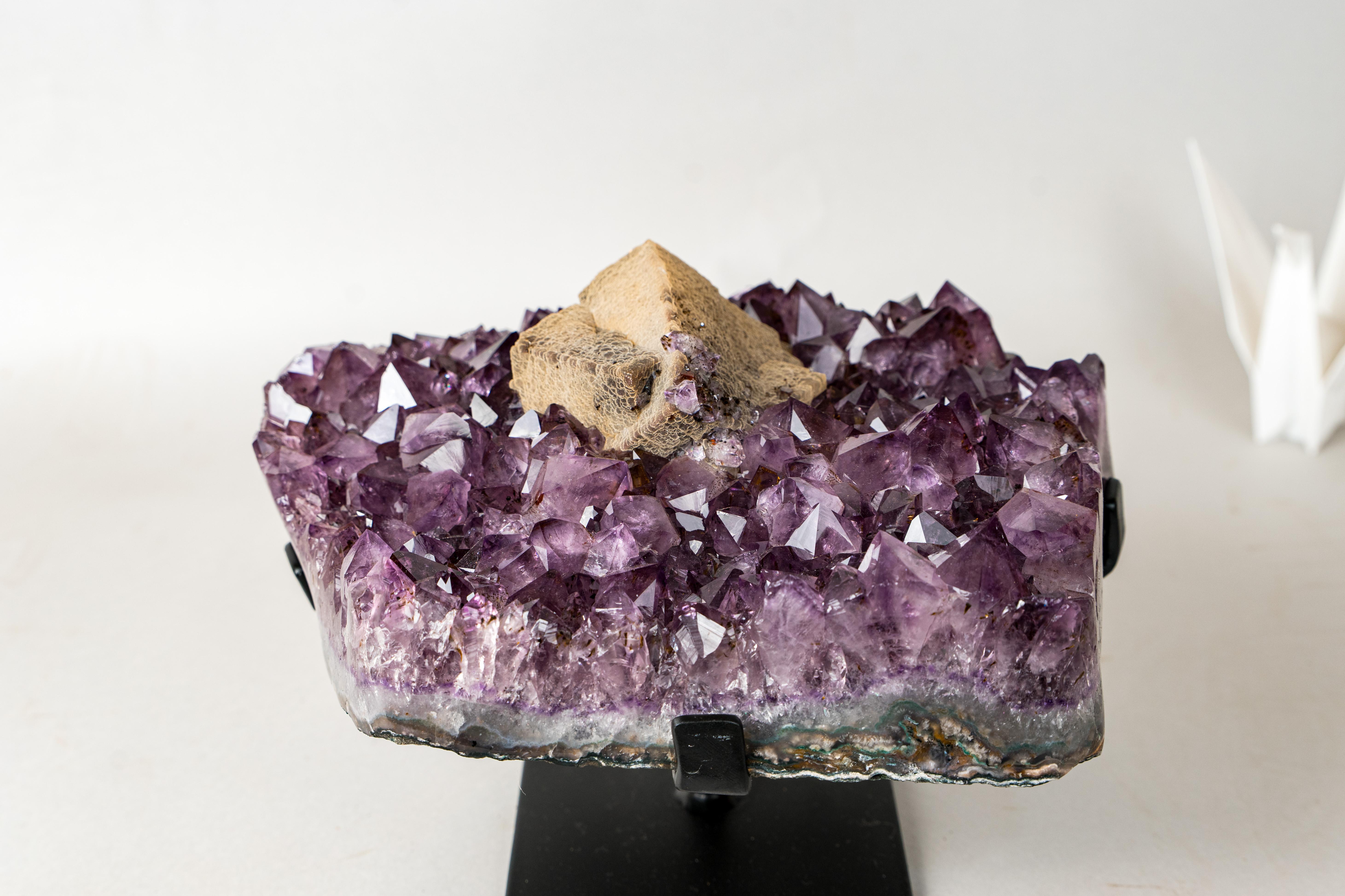 Amethyst Cluster with Rare Cubic Geometrical Calcite 

▫️ Description

This outstanding specimen features an intact, rare cubic calcite crystal perfectly perched atop a deep purple amethyst cluster, enriched with green celadonite druzy that adds