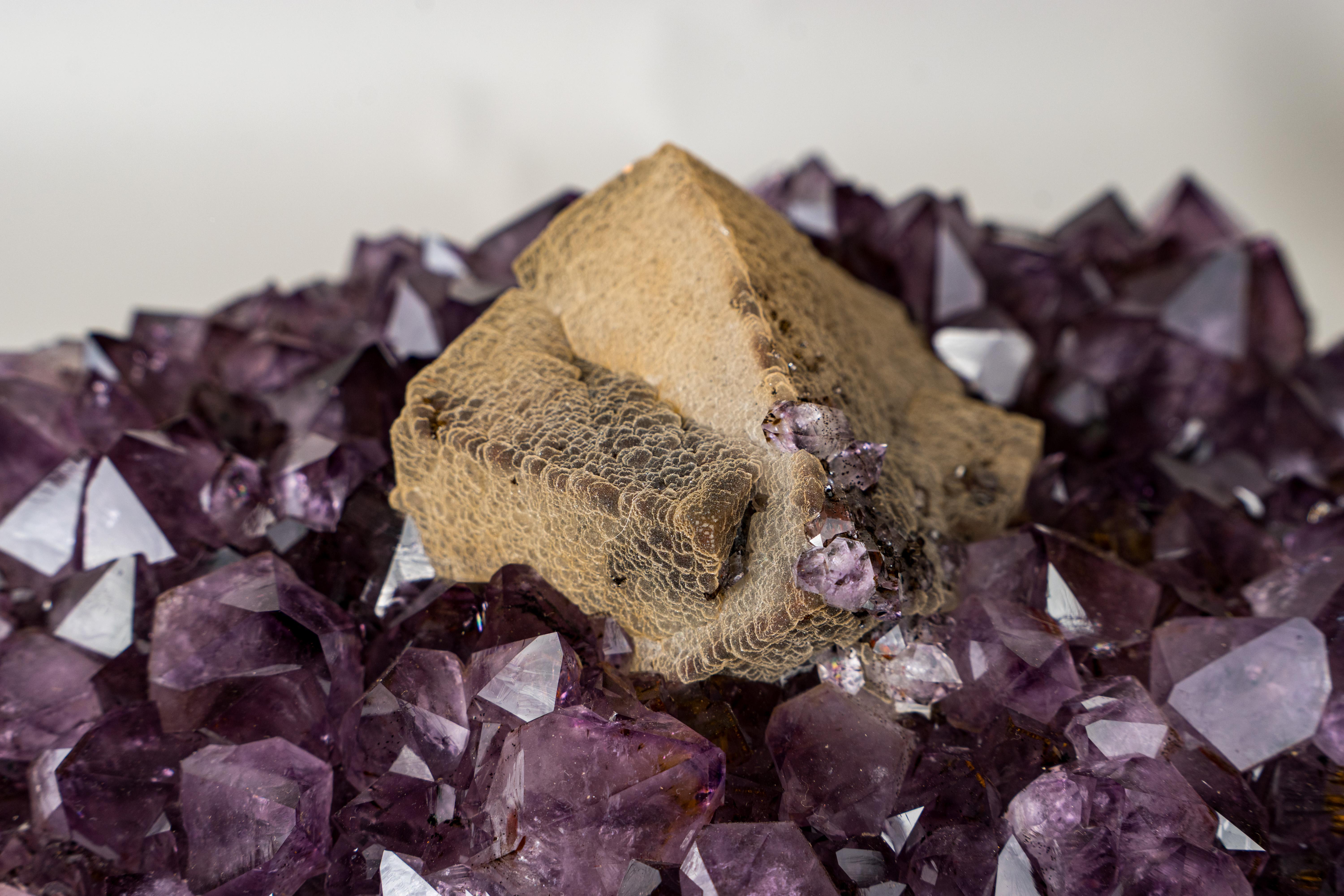 Brazilian Rare Cubic Calcite with Green Sugar Druzy (Celadonite) on Amethyst Cluster For Sale