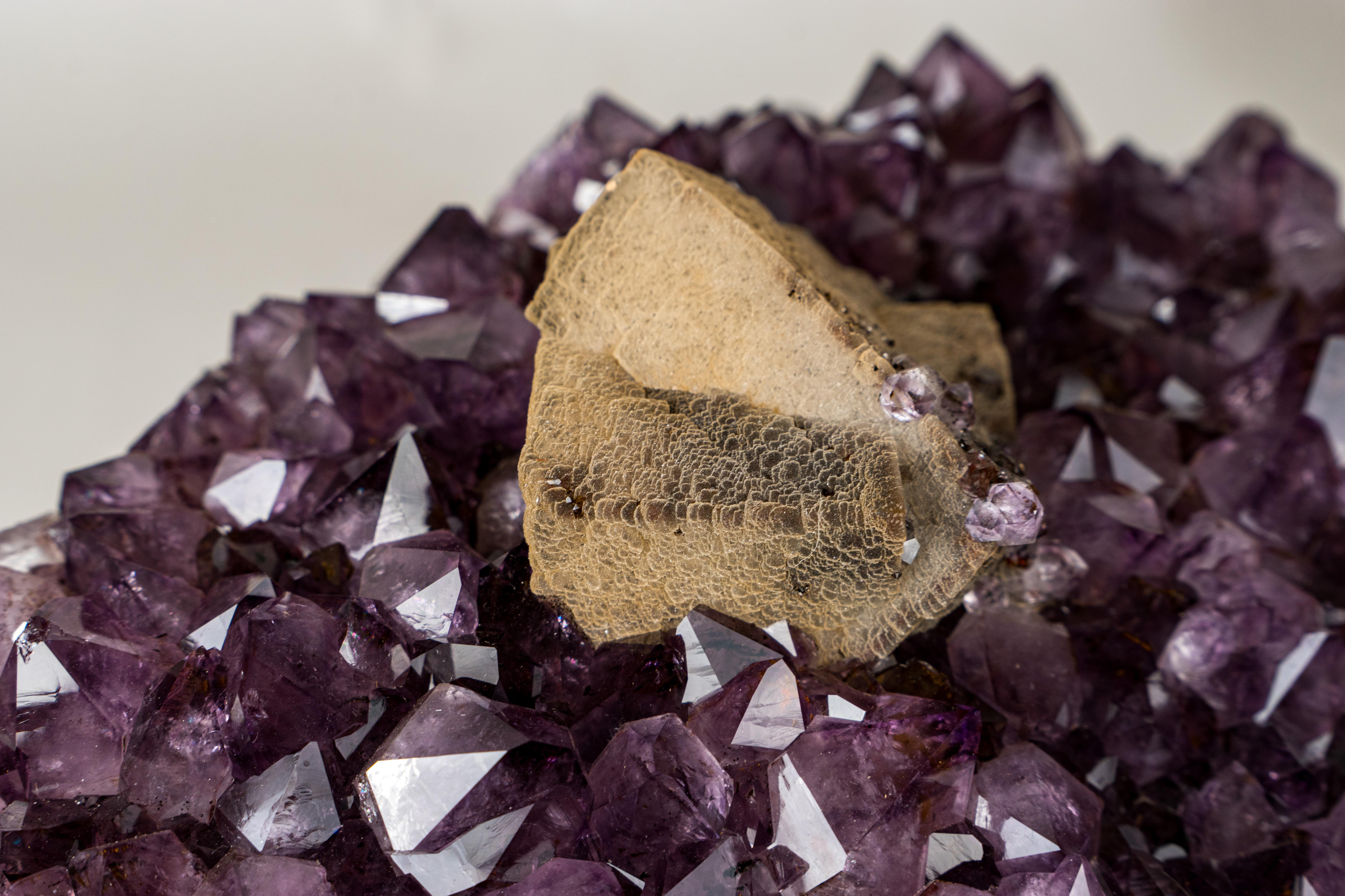 Contemporary Rare Cubic Calcite with Green Sugar Druzy (Celadonite) on Amethyst Cluster For Sale