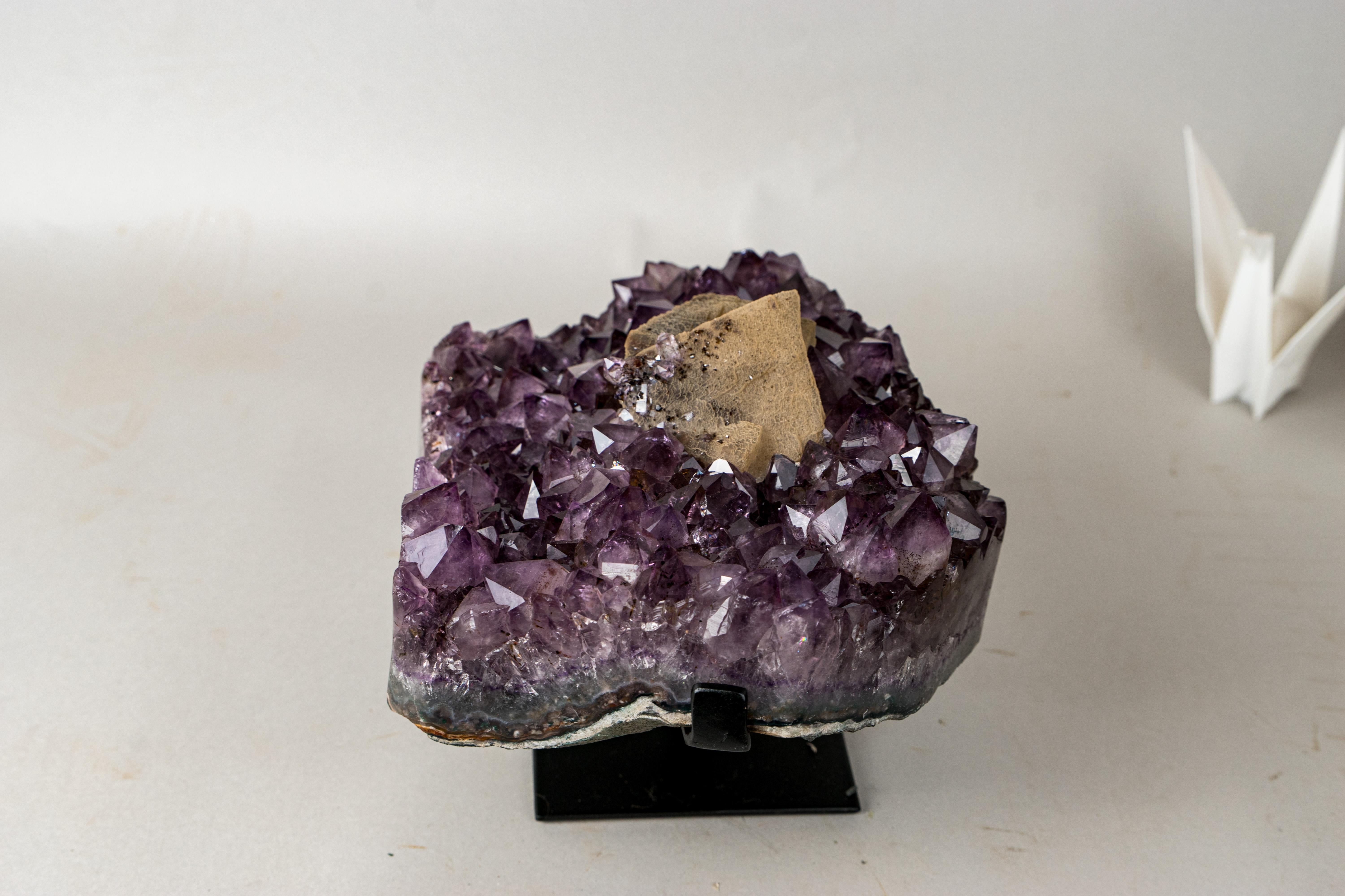 Crystal Rare Cubic Calcite with Green Sugar Druzy (Celadonite) on Amethyst Cluster For Sale