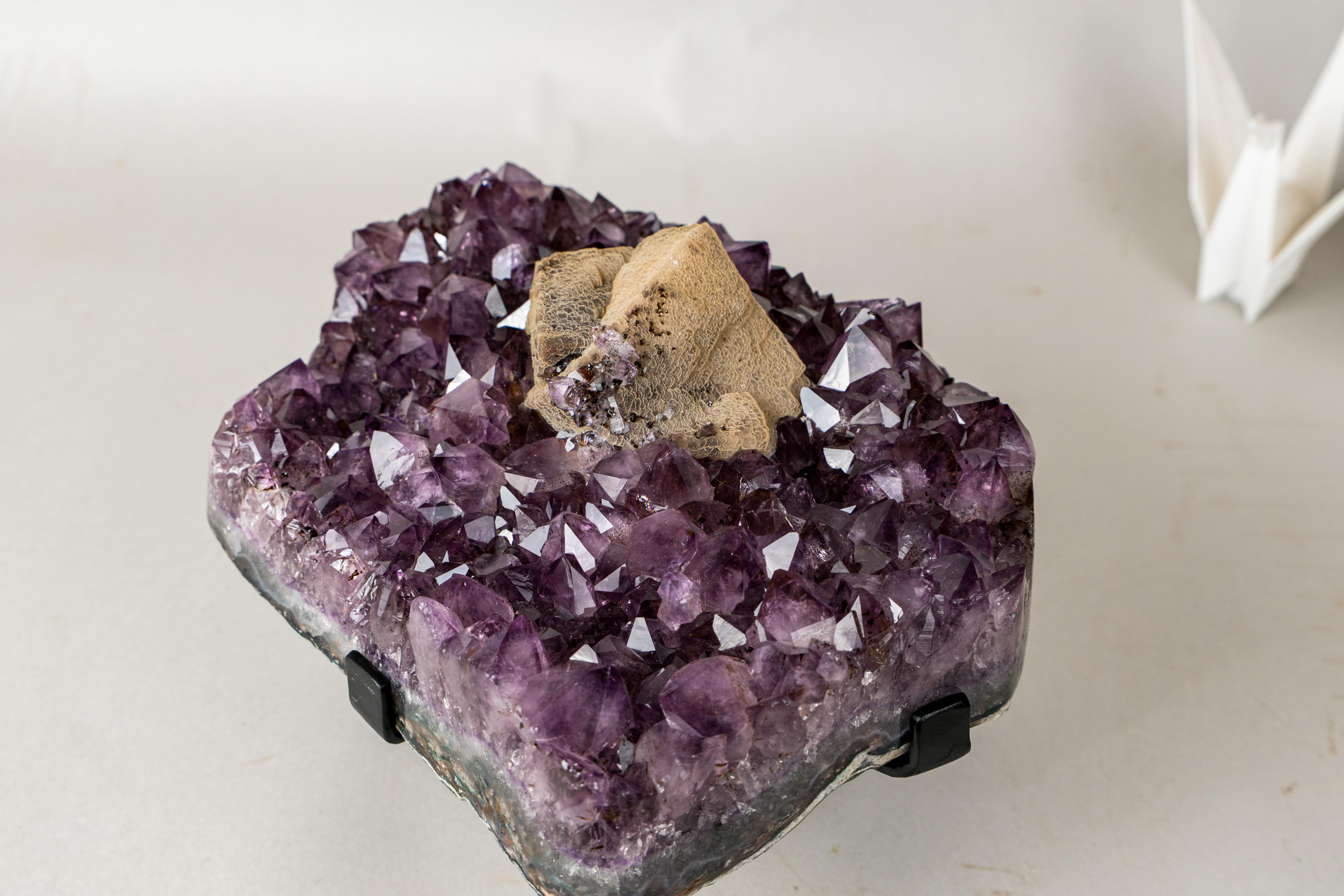 Rare Cubic Calcite with Green Sugar Druzy (Celadonite) on Amethyst Cluster For Sale 1