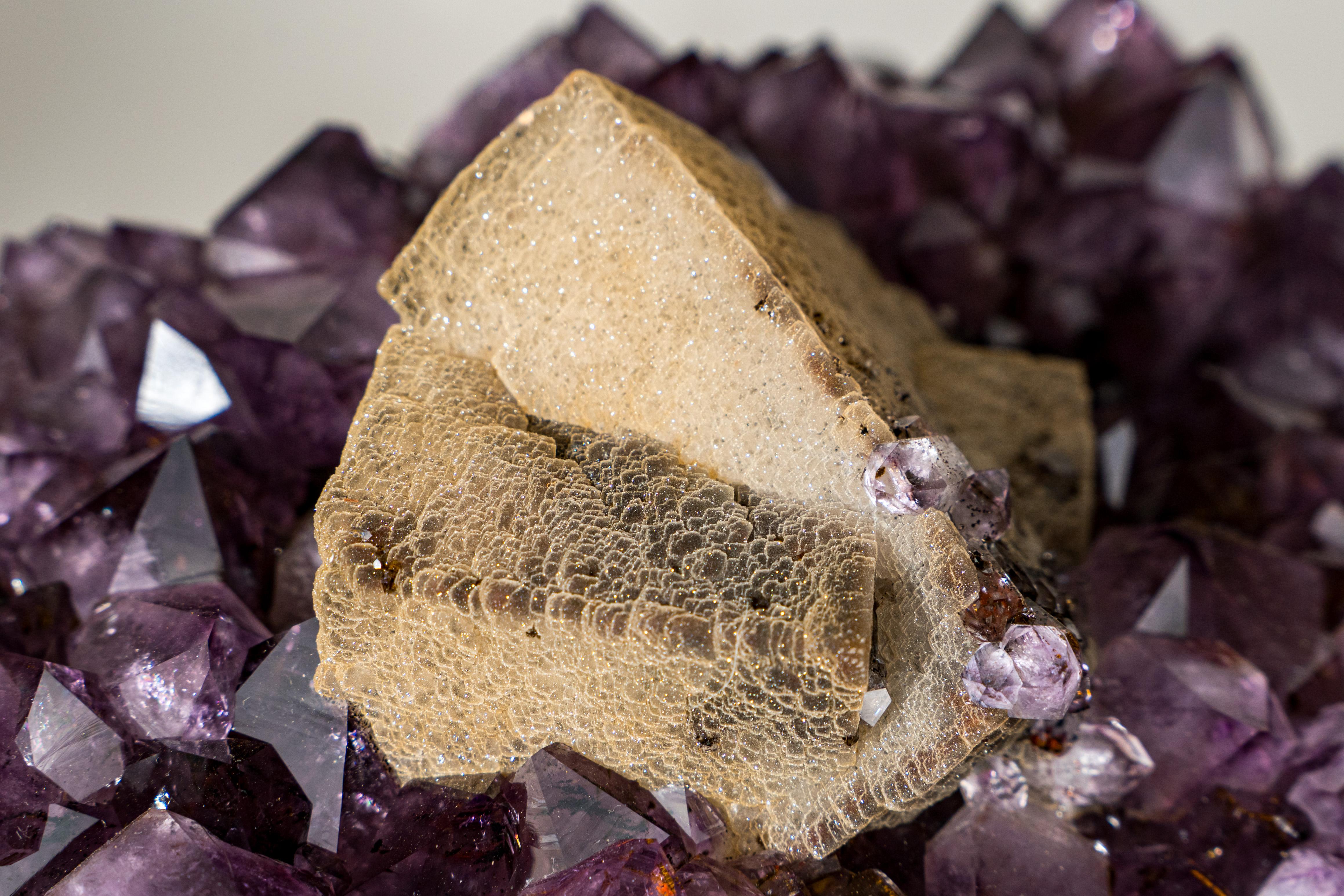 Rare Cubic Calcite with Green Sugar Druzy (Celadonite) on Amethyst Cluster For Sale 2