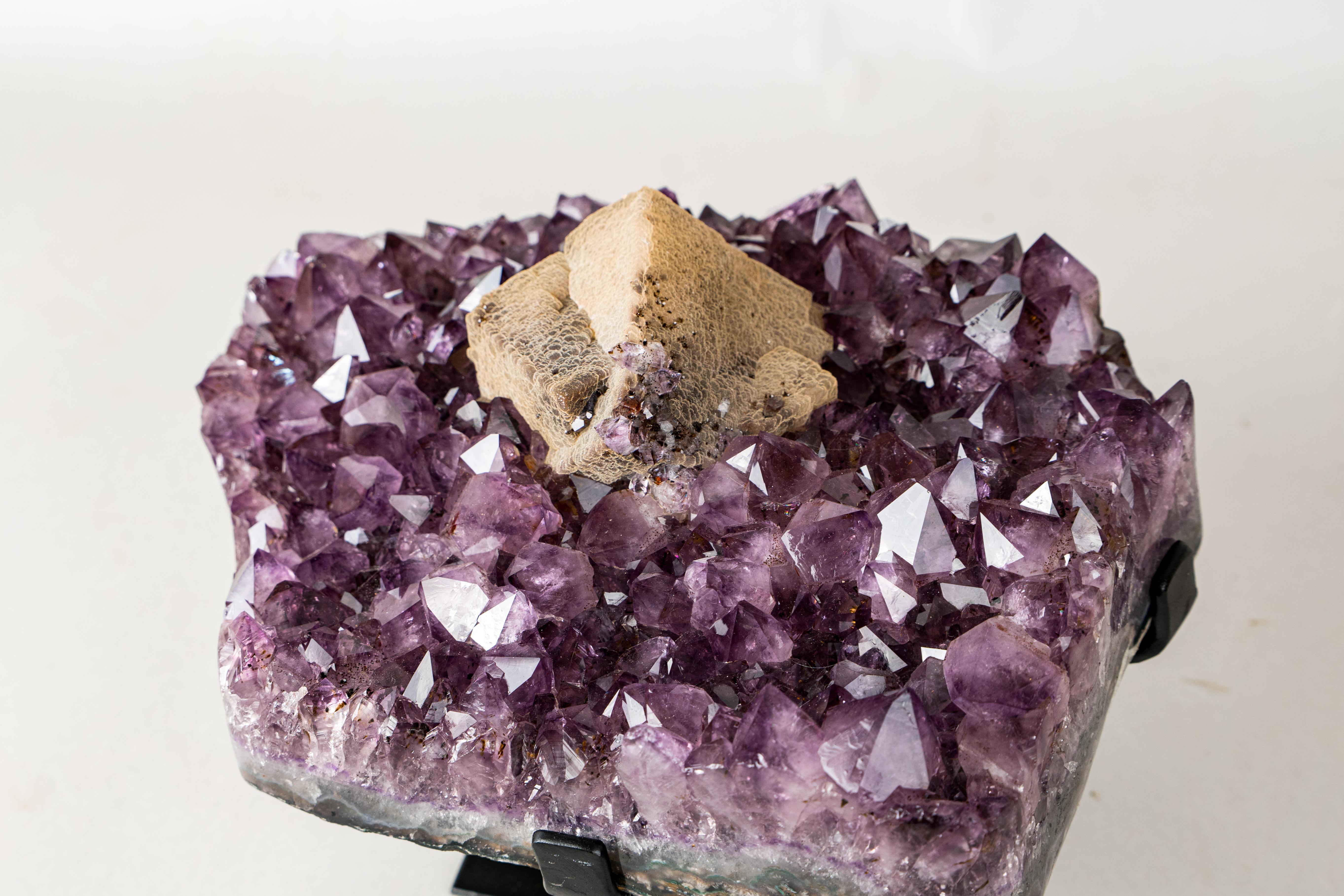Rare Cubic Calcite with Green Sugar Druzy (Celadonite) on Amethyst Cluster For Sale 3