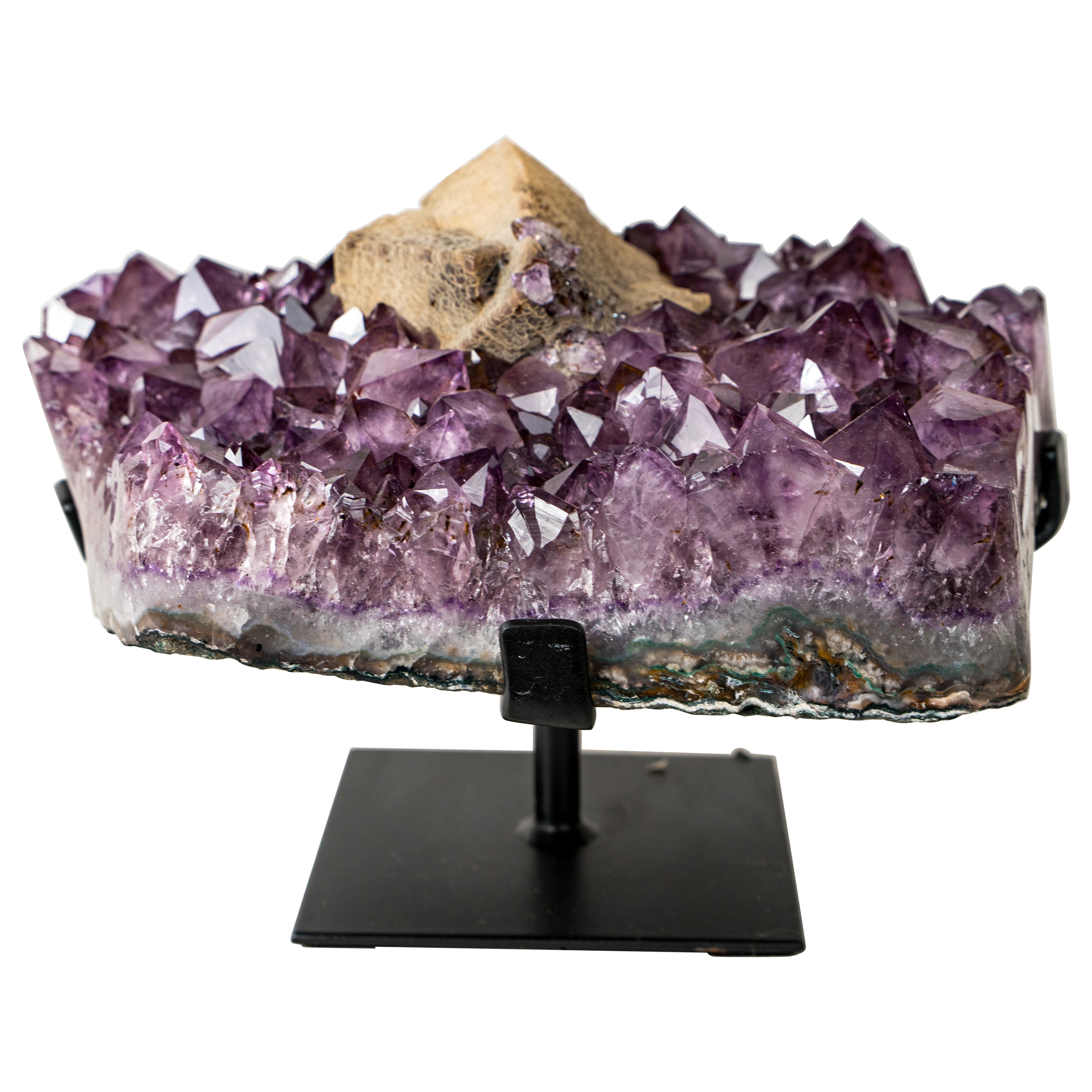 Rare Cubic Calcite with Green Sugar Druzy (Celadonite) on Amethyst Cluster For Sale
