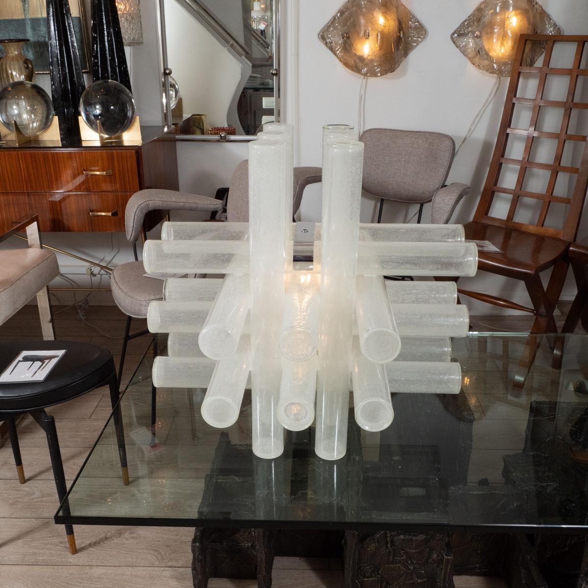 Rare cubic table lamp composed of Murano glass tubes with inclusive air bubbles by Mazzega.