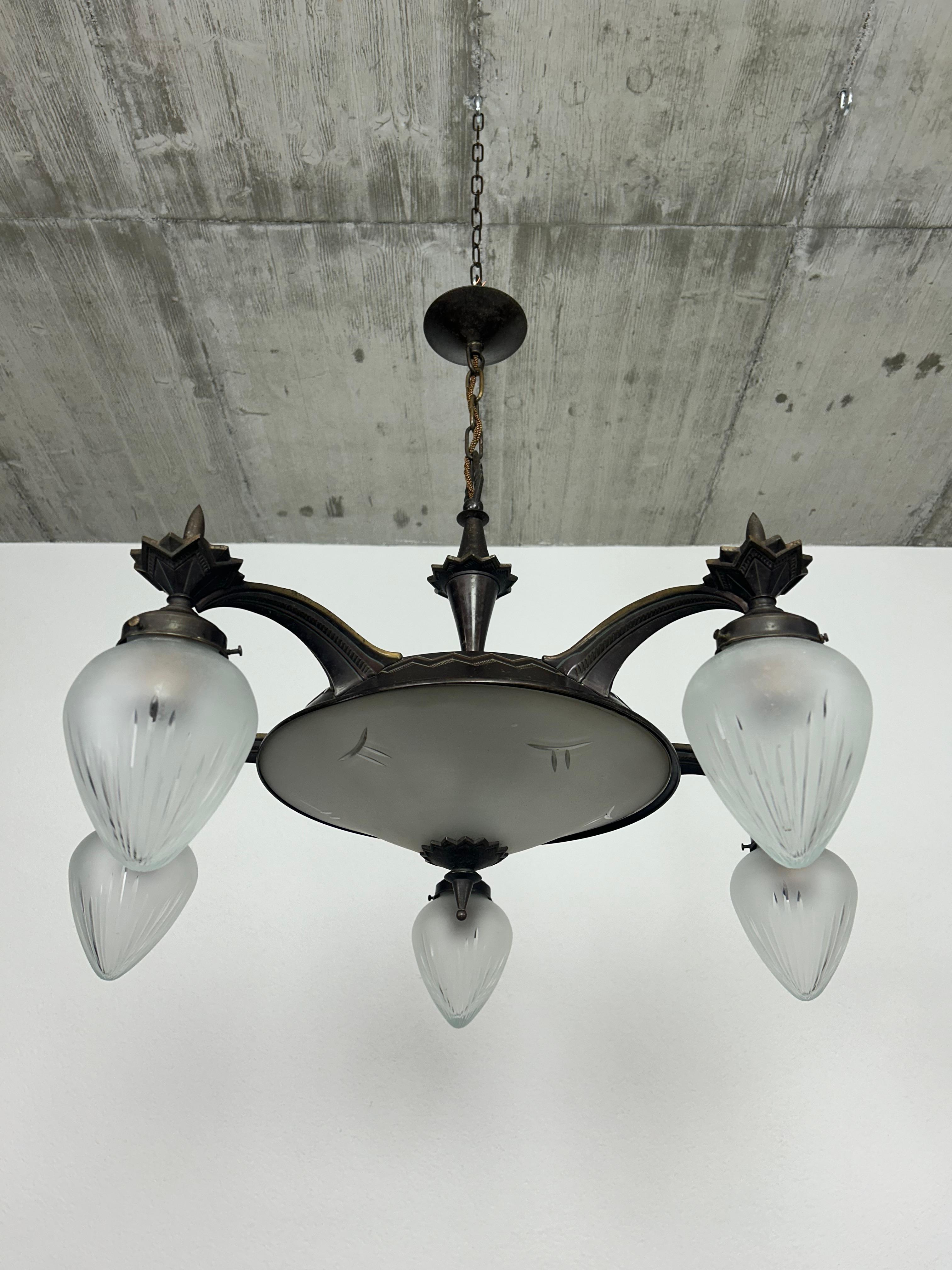 Art Deco Rare cubist bronze chandelier For Sale