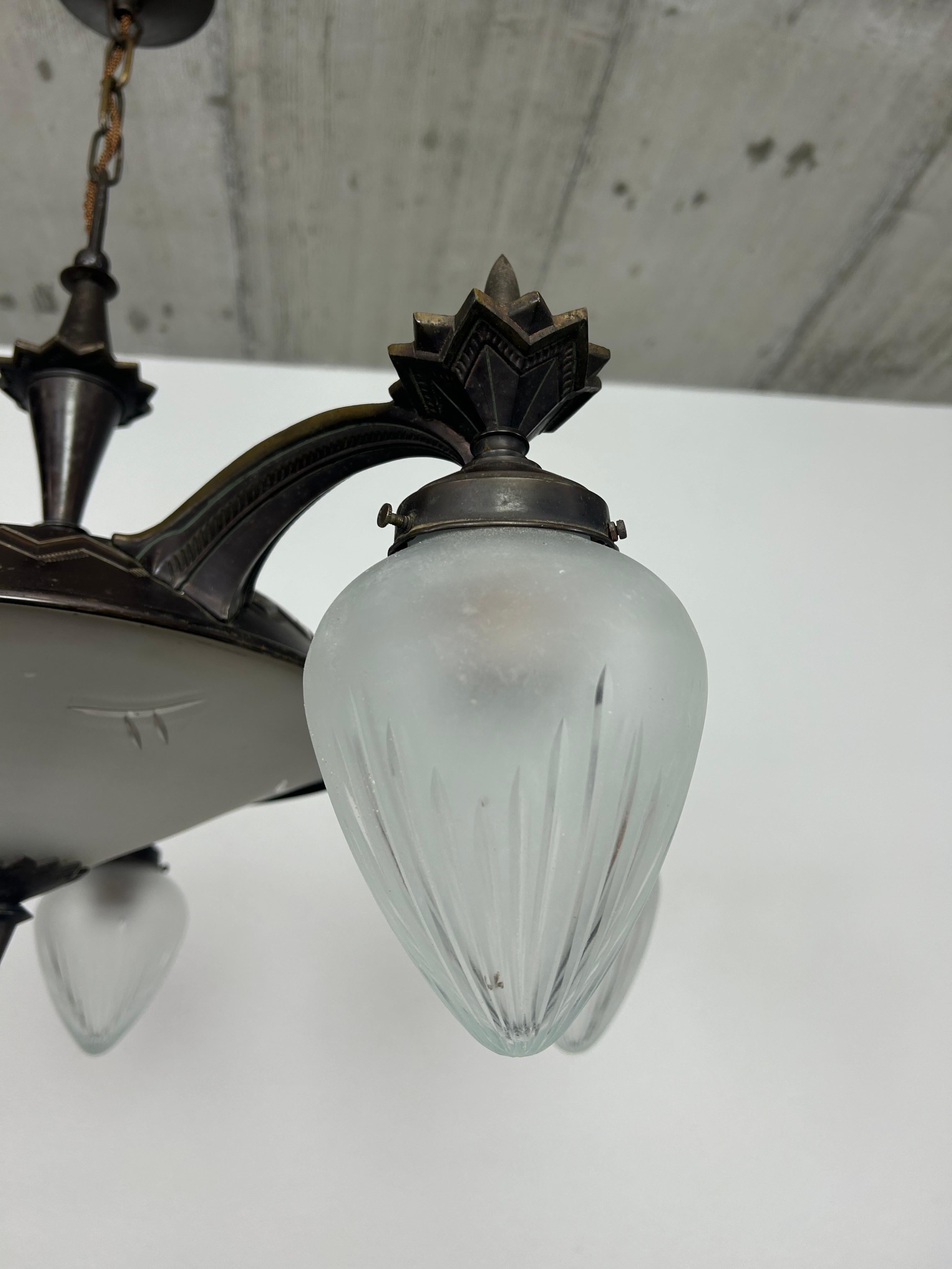 Rare cubist bronze chandelier In Excellent Condition For Sale In Banská Štiavnica, SK