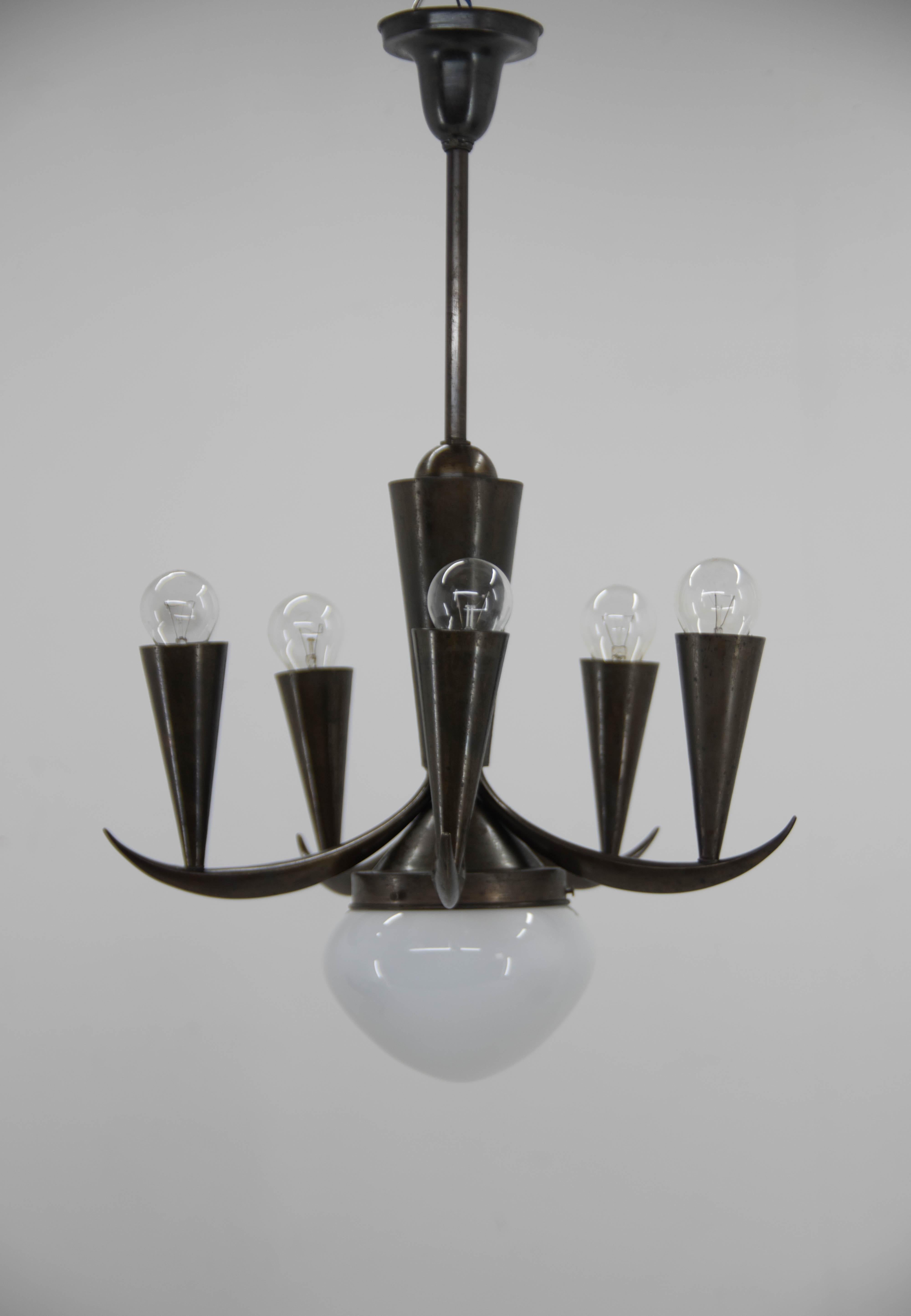 Very rare chandelier in Cubistic style made by IAS in 1910s.
Patinated brass and opaline glass shade.
Restored: cleaned, rewired: two separate circuits - 1+5x40W, E25-E27 bulbs
US wiring compatible.