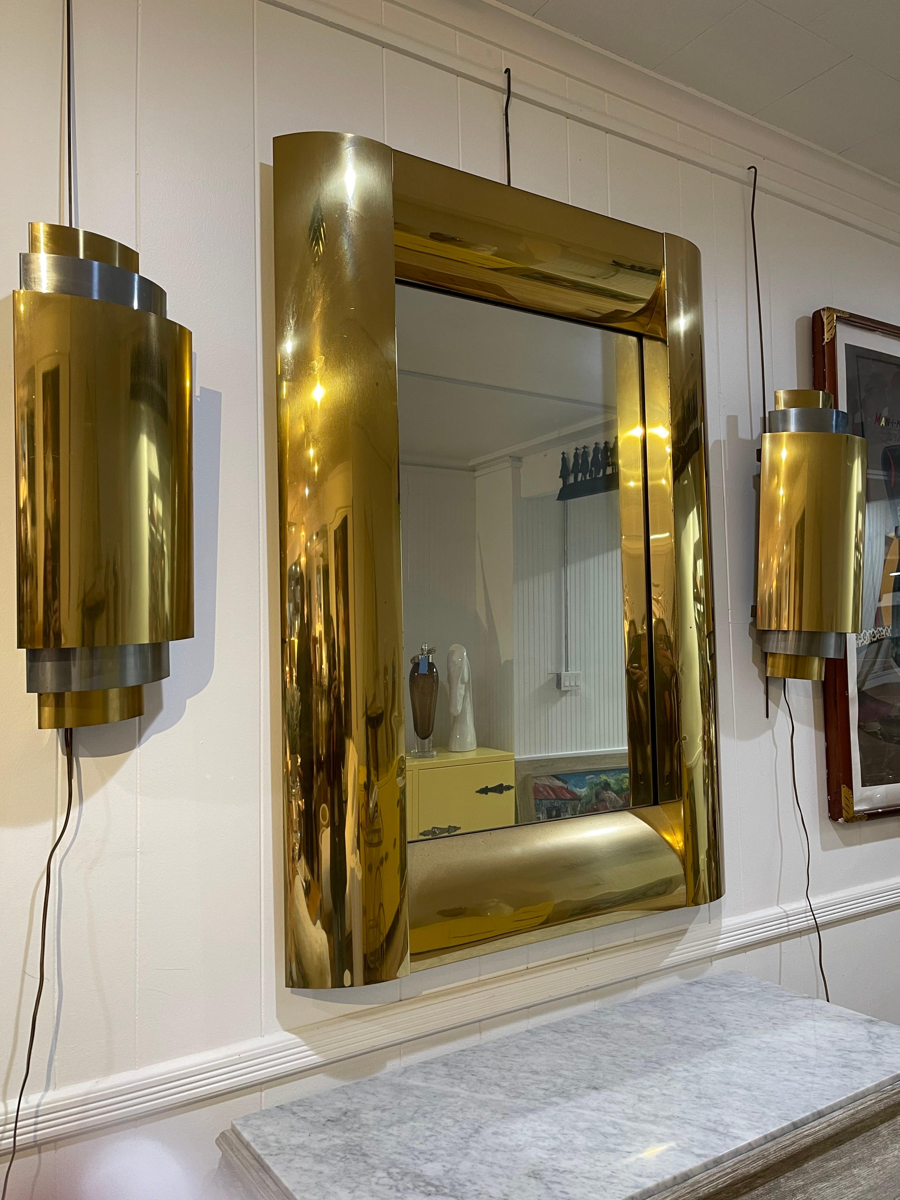 Mid-Century Modern Rare Curtis Jere Brass and Chrome Wall Mirror and Sconces Combo For Sale