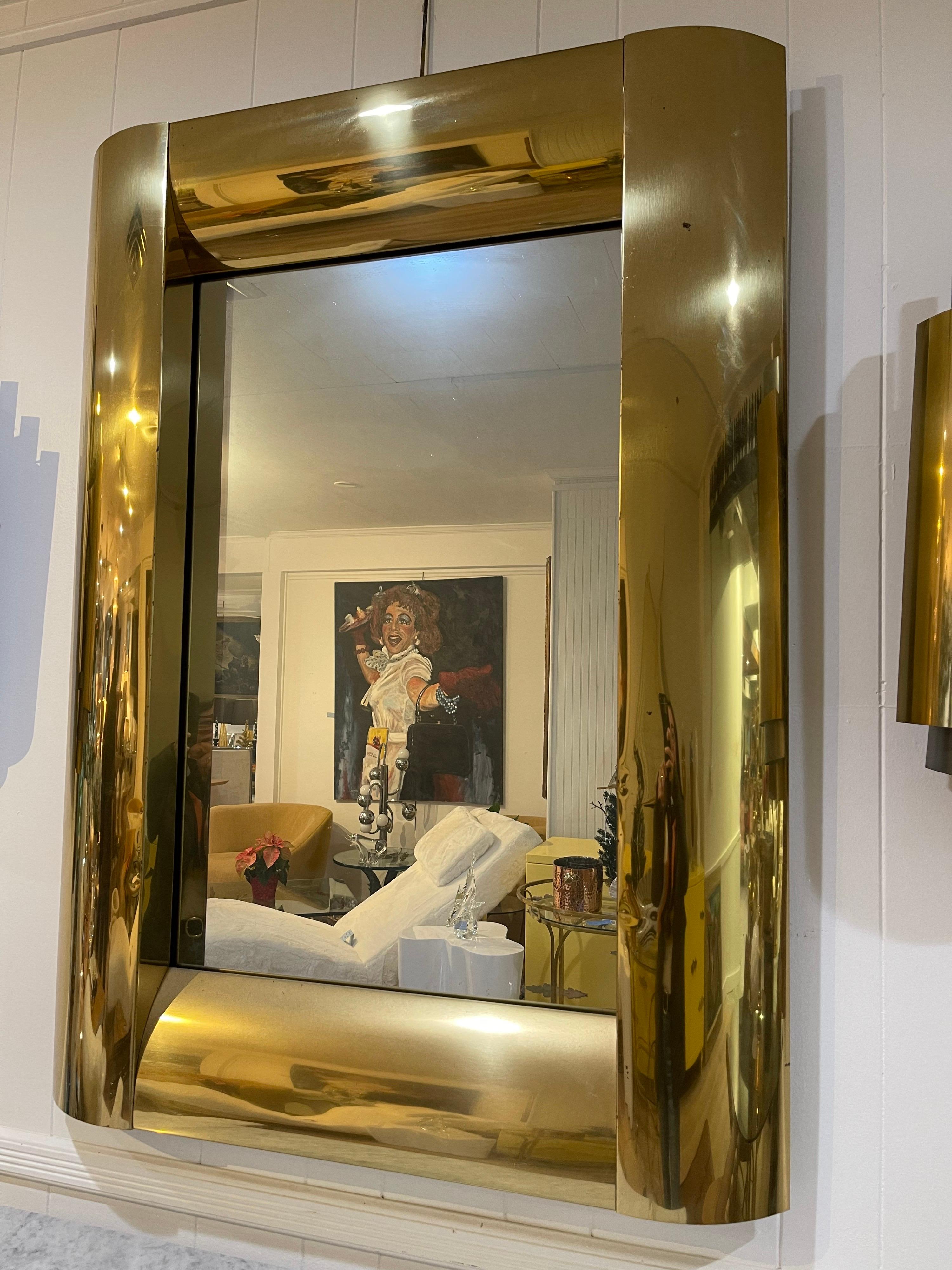 Late 20th Century Rare Curtis Jere Brass and Chrome Wall Mirror and Sconces Combo For Sale