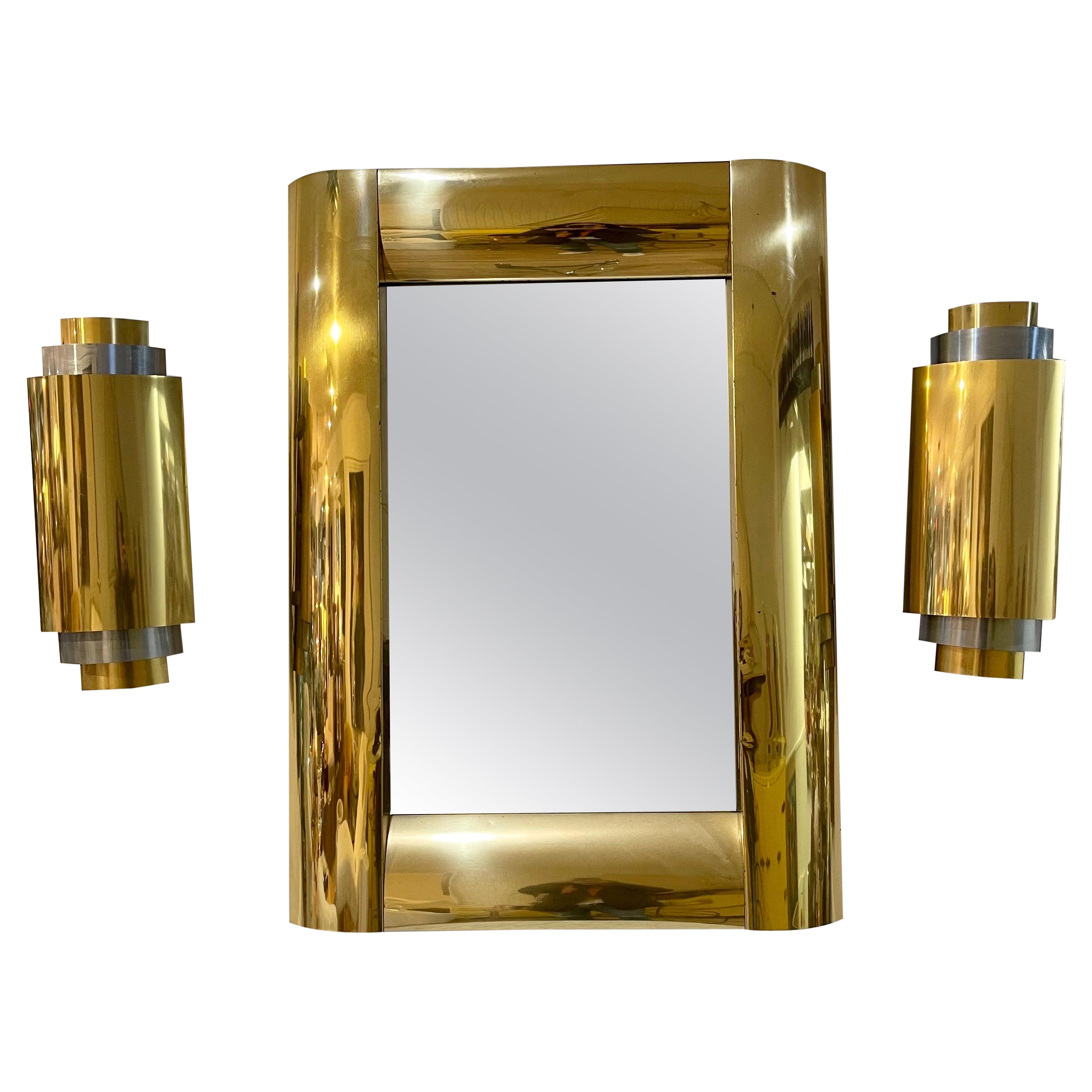 Rare Curtis Jere Brass and Chrome Wall Mirror and Sconces Combo