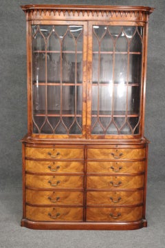 Rare Curved Hand-Blown Glass Figured Walnut Beacon Hill China Cabinet Bookcase