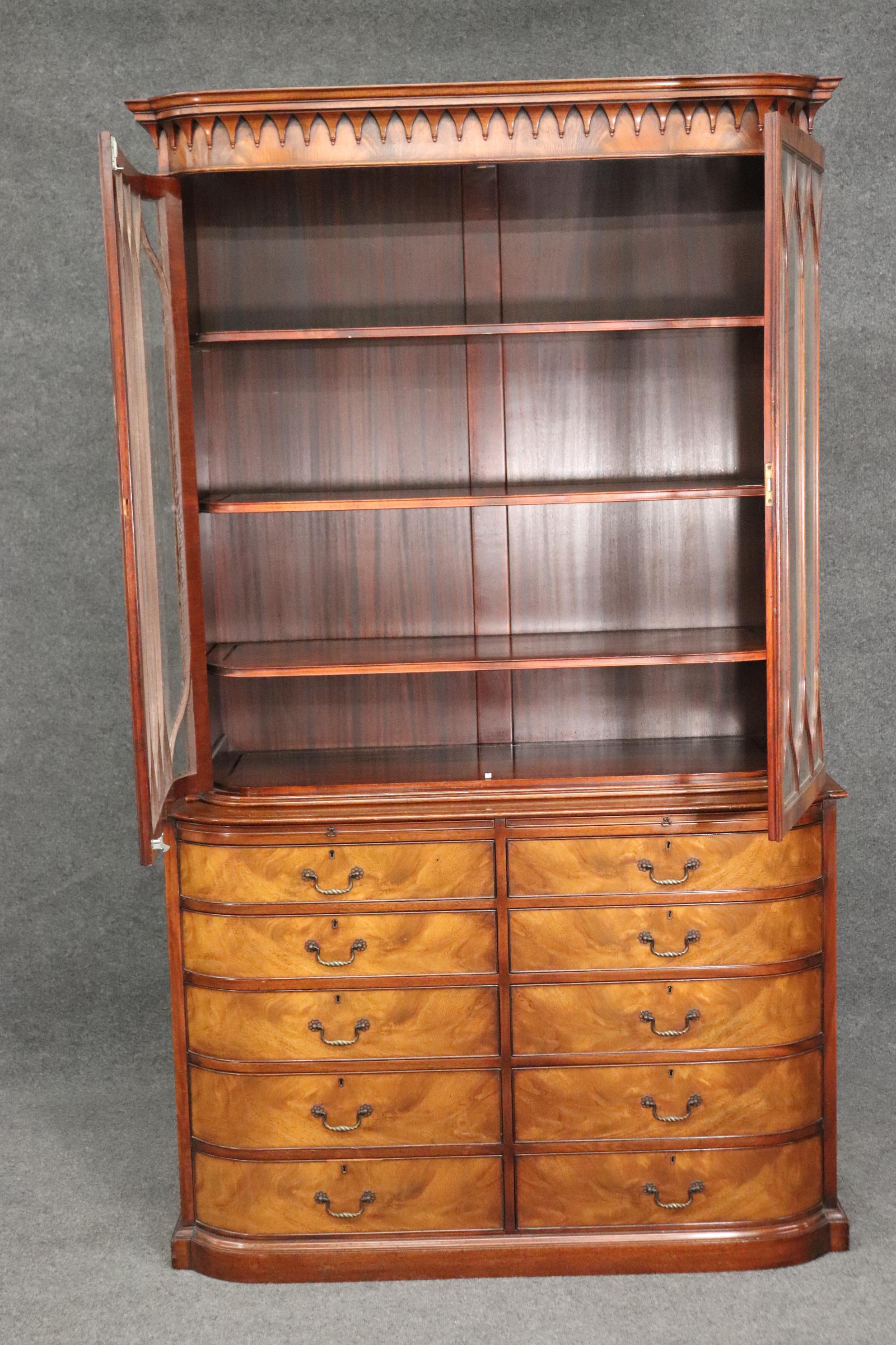 Georgian Rare Curved Hand-Blown Glass Figured Walnut Beacon Hill China Cabinet Bookcase