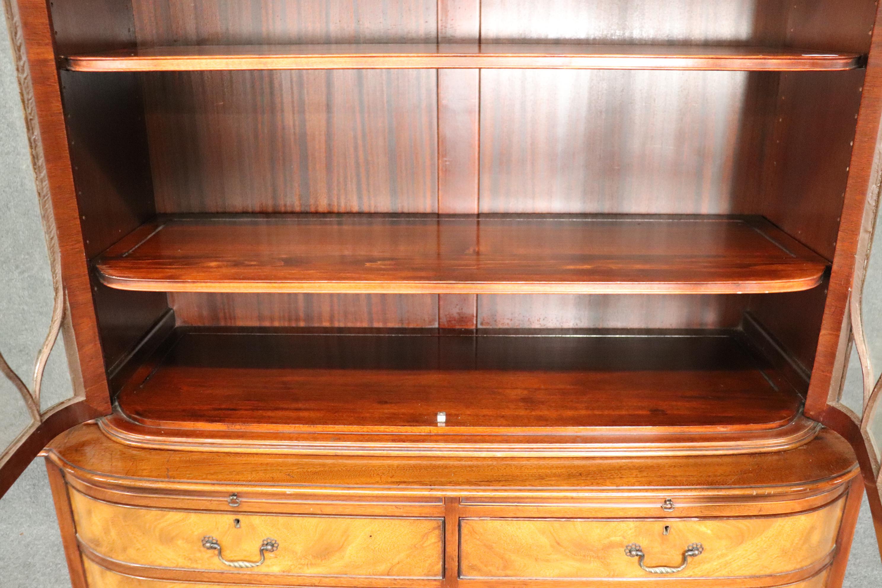 American Rare Curved Hand-Blown Glass Figured Walnut Beacon Hill China Cabinet Bookcase