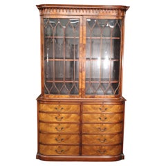 Vintage Rare Curved Hand-Blown Glass Figured Walnut Beacon Hill China Cabinet Bookcase