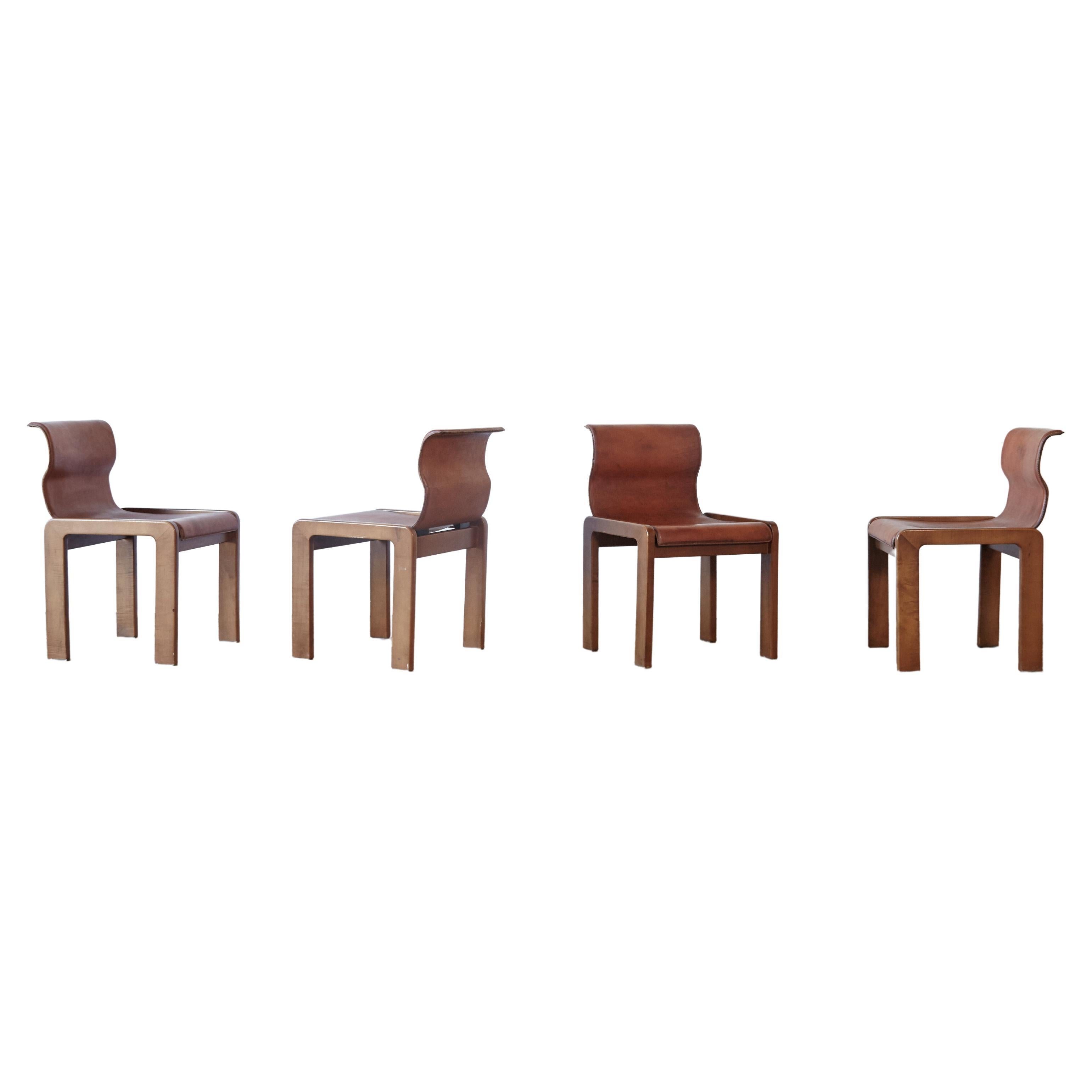 Rare Curved Scarpa Style Dining Chairs, Leather and Wood, Italy, 1960s/70s