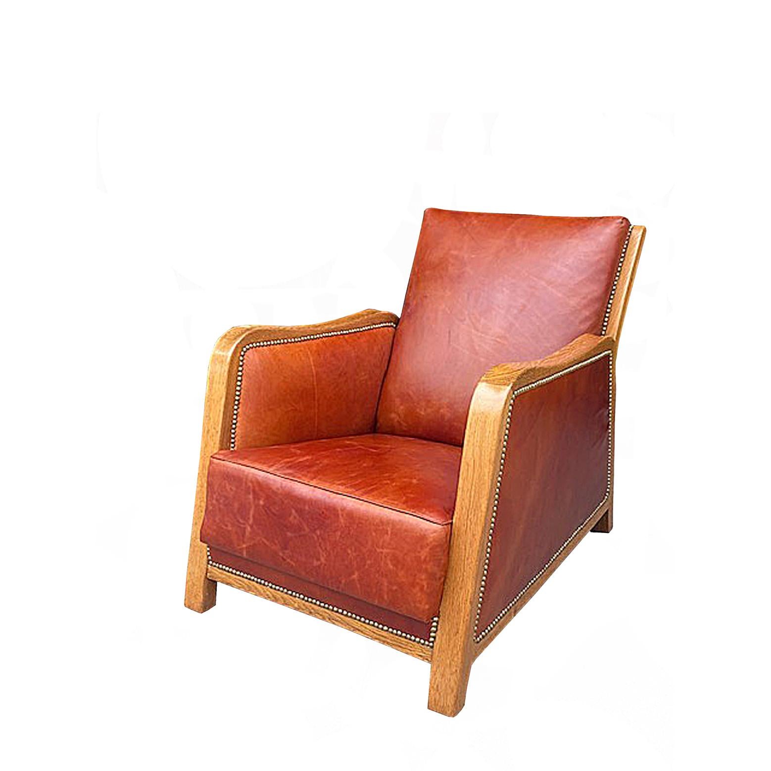 Rare design by Frits Henningsen and made by him 1930’s signed with design number and the date oak frame with cognac colour leather orly custom design.