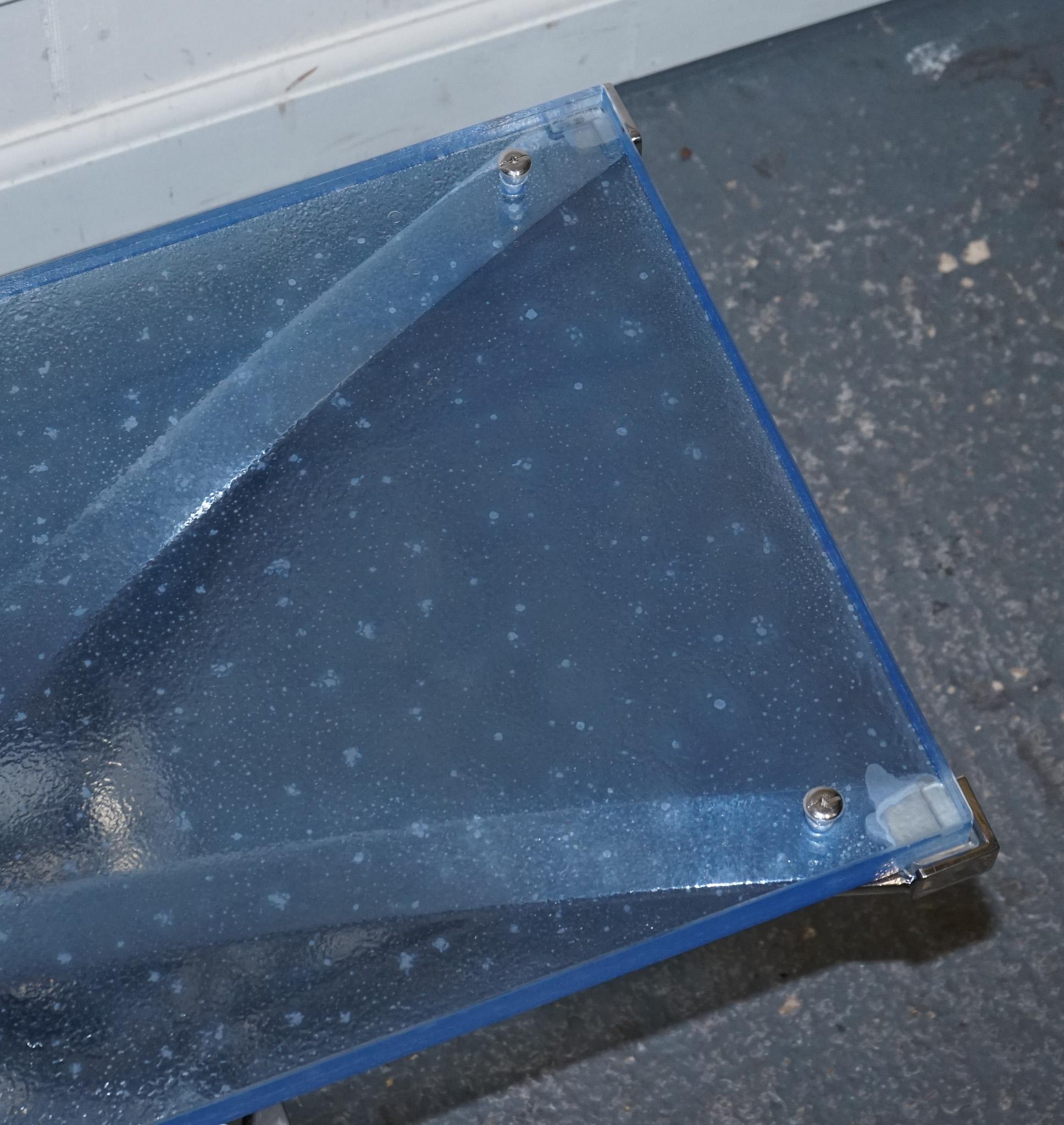 RARE CUSTOM HAND MADE GLASS MARINE GRADE STAINLESS STEEL COFFEE TABLE BY SOLiART For Sale 3