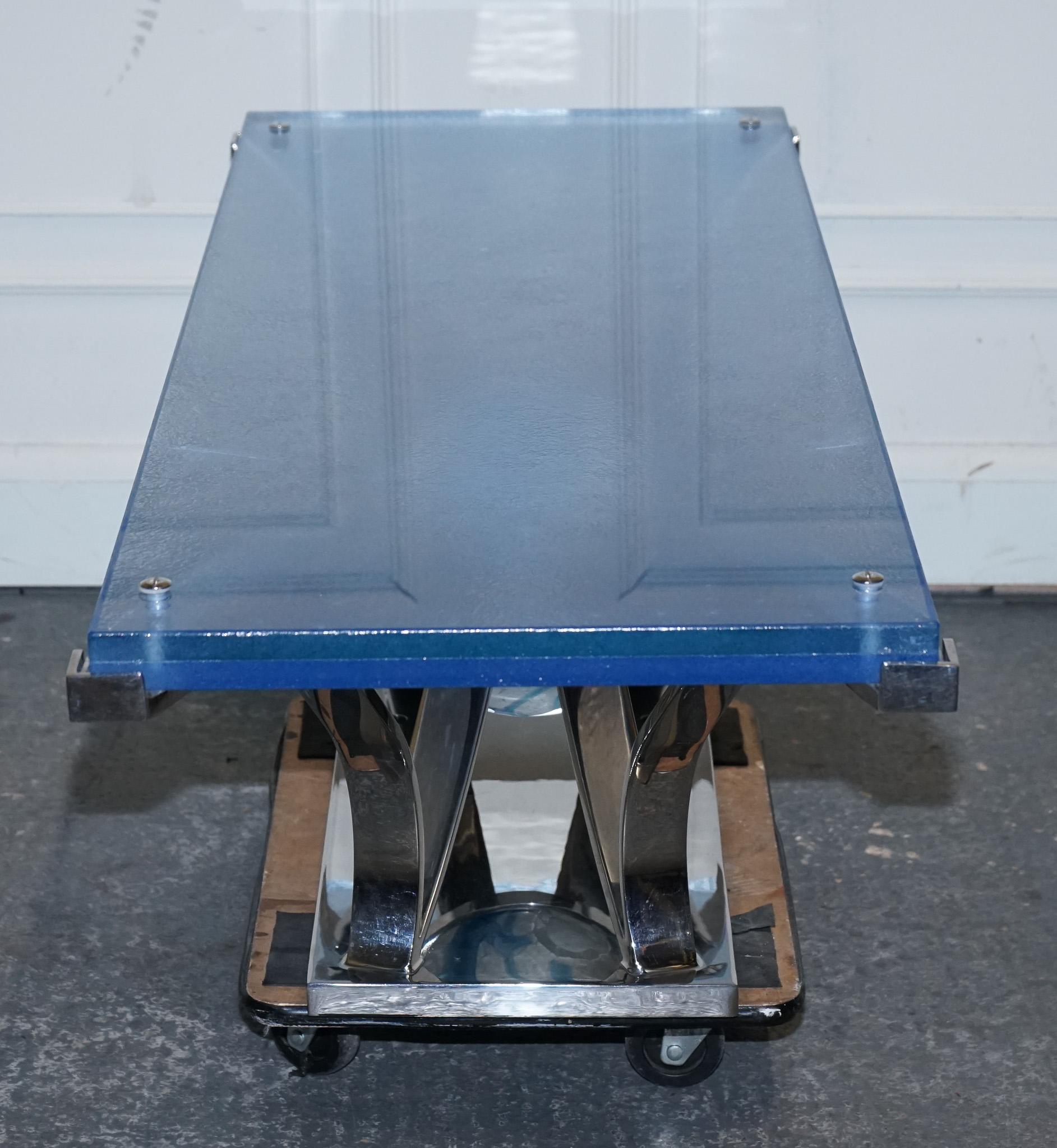 RARE CUSTOM HAND MADE GLASS MARINE GRADE STAINLESS STEEL COFFEE TABLE BY SOLiART For Sale 4