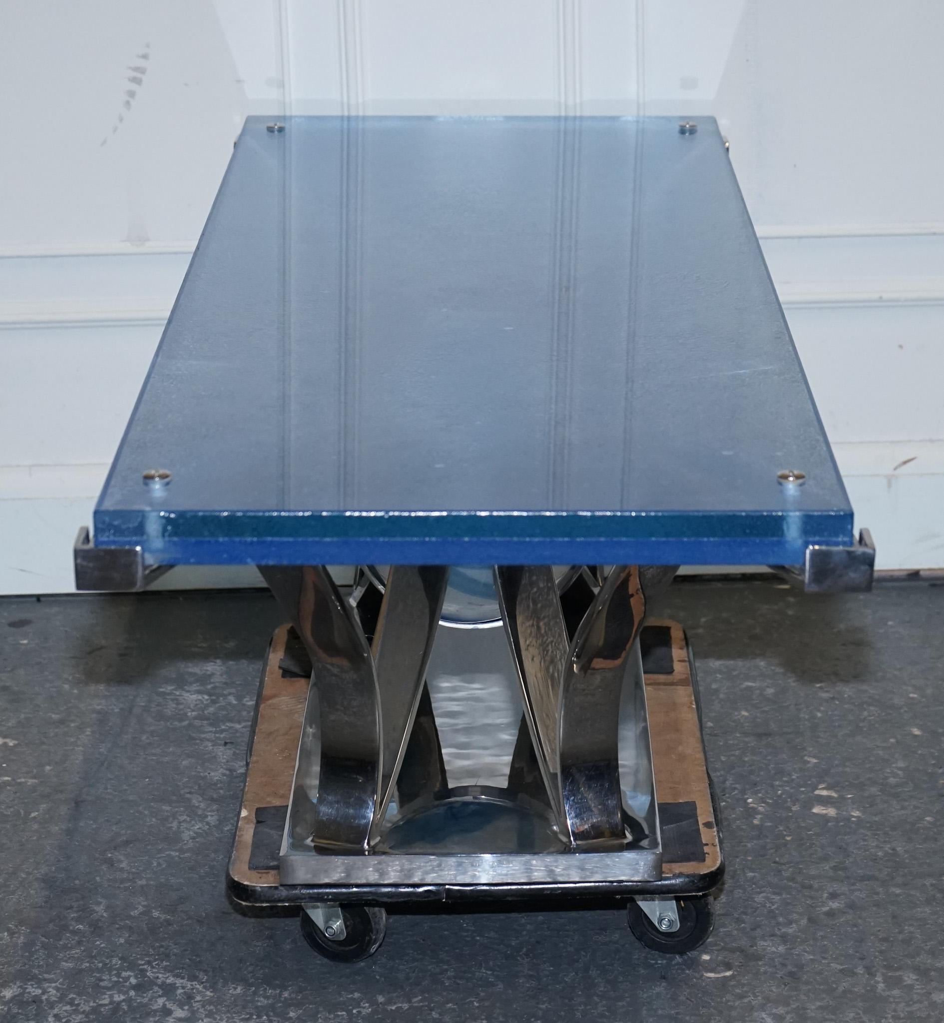 RARE CUSTOM HAND MADE GLASS MARINE GRADE STAINLESS STEEL COFFEE TABLE BY SOLiART For Sale 5
