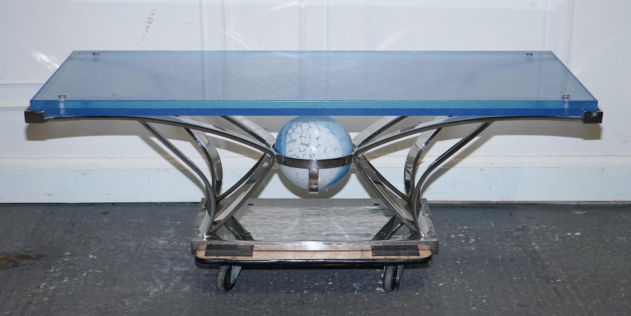 RARE CUSTOM HAND MADE GLASS MARINE GRADE STAINLESS STEEL COFFEE TABLE BY SOLiART For Sale 6