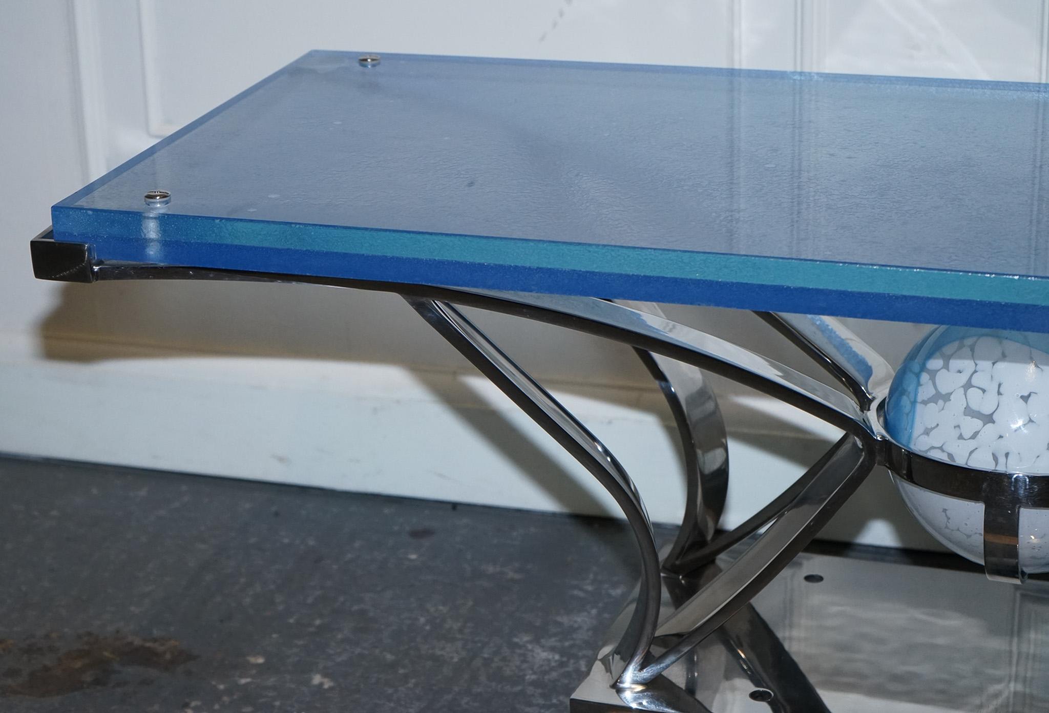 RARE CUSTOM HAND MADE GLASS MARINE GRADE STAINLESS STEEL COFFEE TABLE BY SOLiART For Sale 7