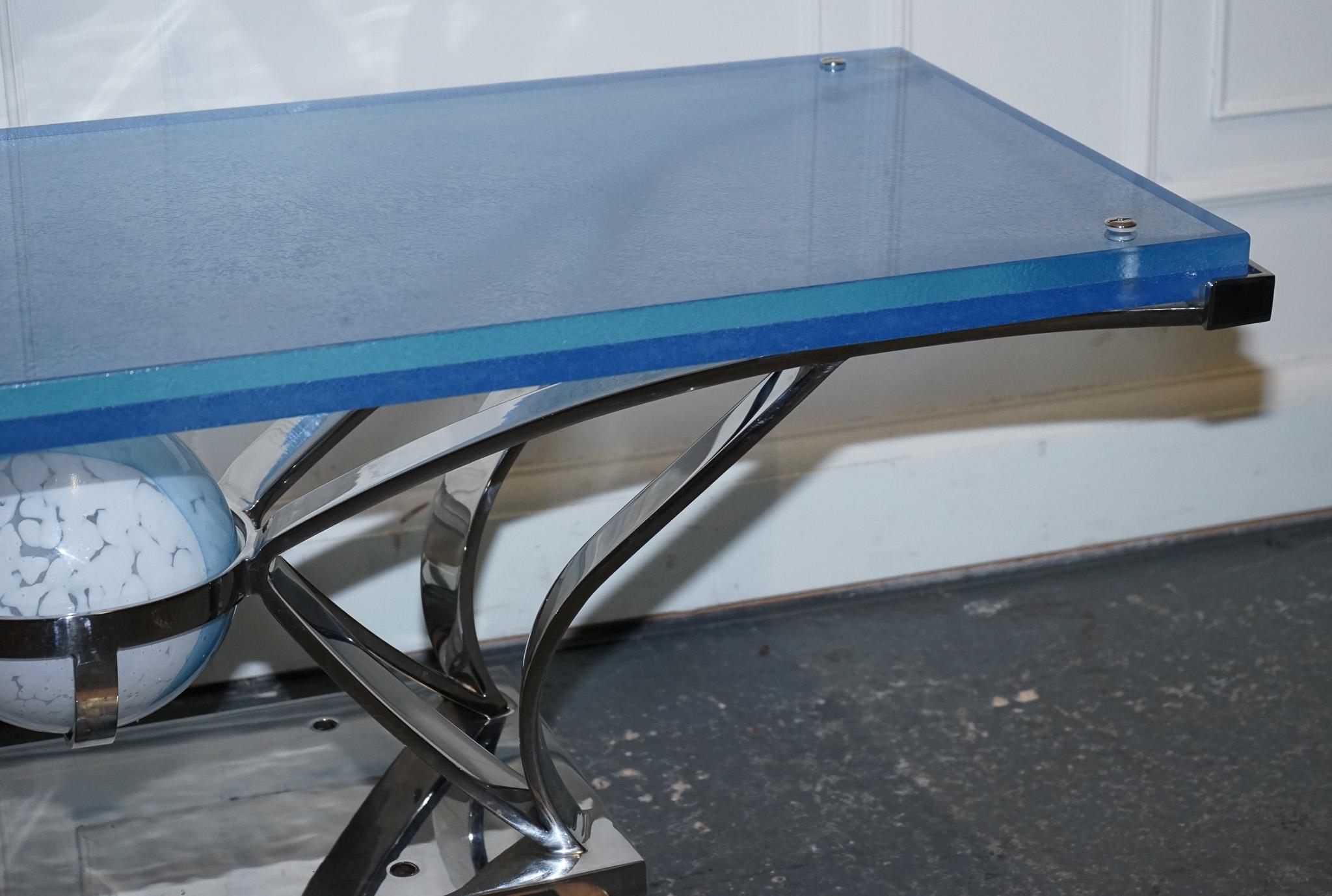 RARE CUSTOM HAND MADE GLASS MARINE GRADE STAINLESS STEEL COFFEE TABLE BY SOLiART For Sale 8