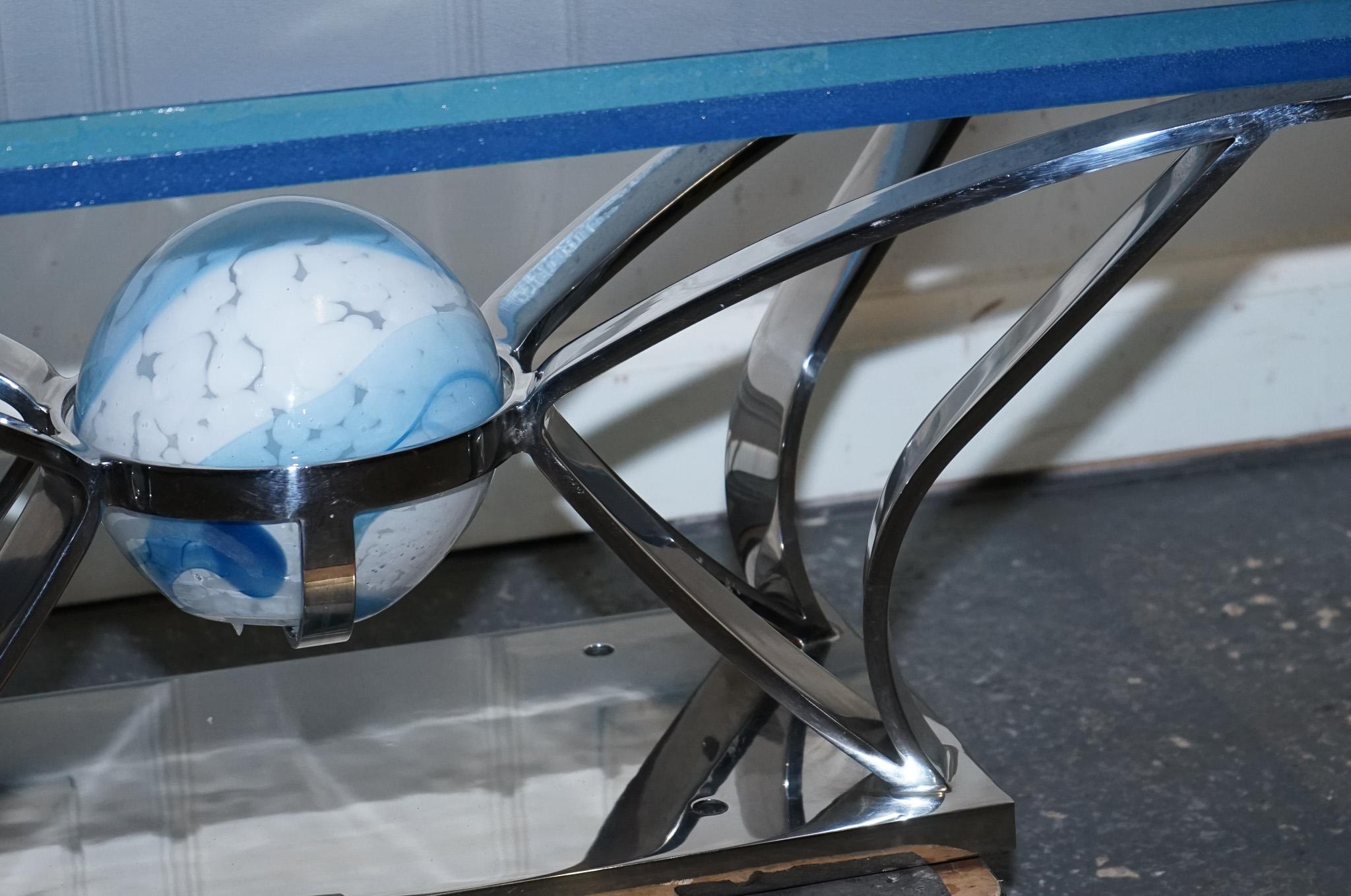 RARE CUSTOM HAND MADE GLASS MARINE GRADE STAINLESS STEEL COFFEE TABLE BY SOLiART For Sale 9