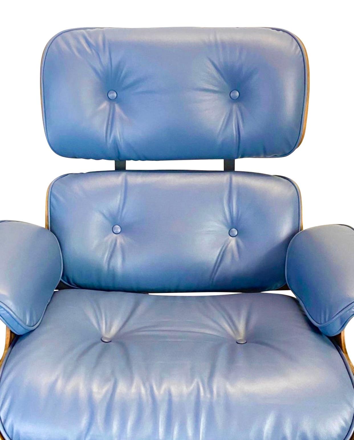 North American Rare Custom Herman Miller Eames Lounge Chair & Ottoman with Perfect Blue Leather