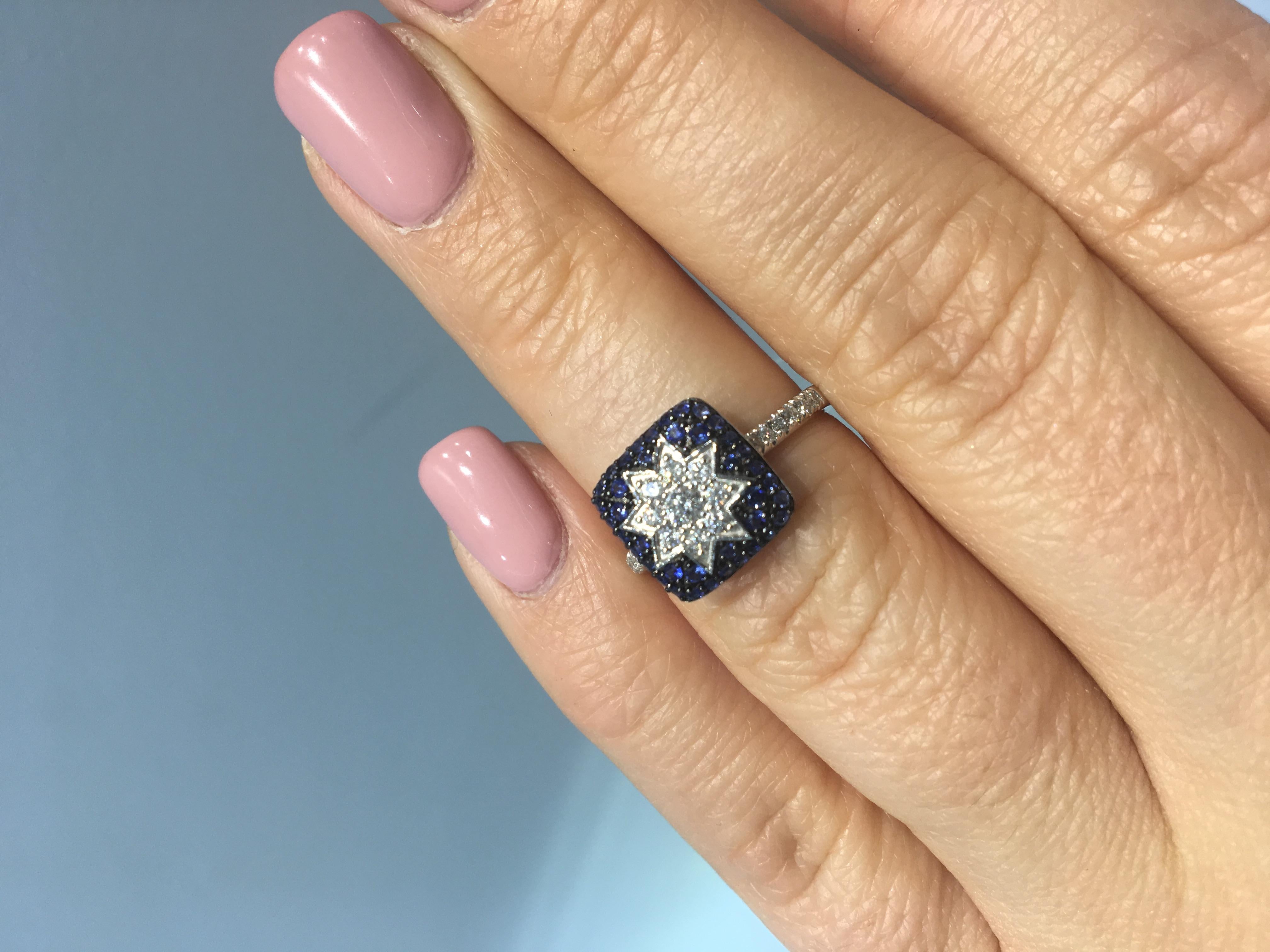 Rare Customizable Blue Sapphire White Diamond White Gold Protective Star Ring For Sale 1