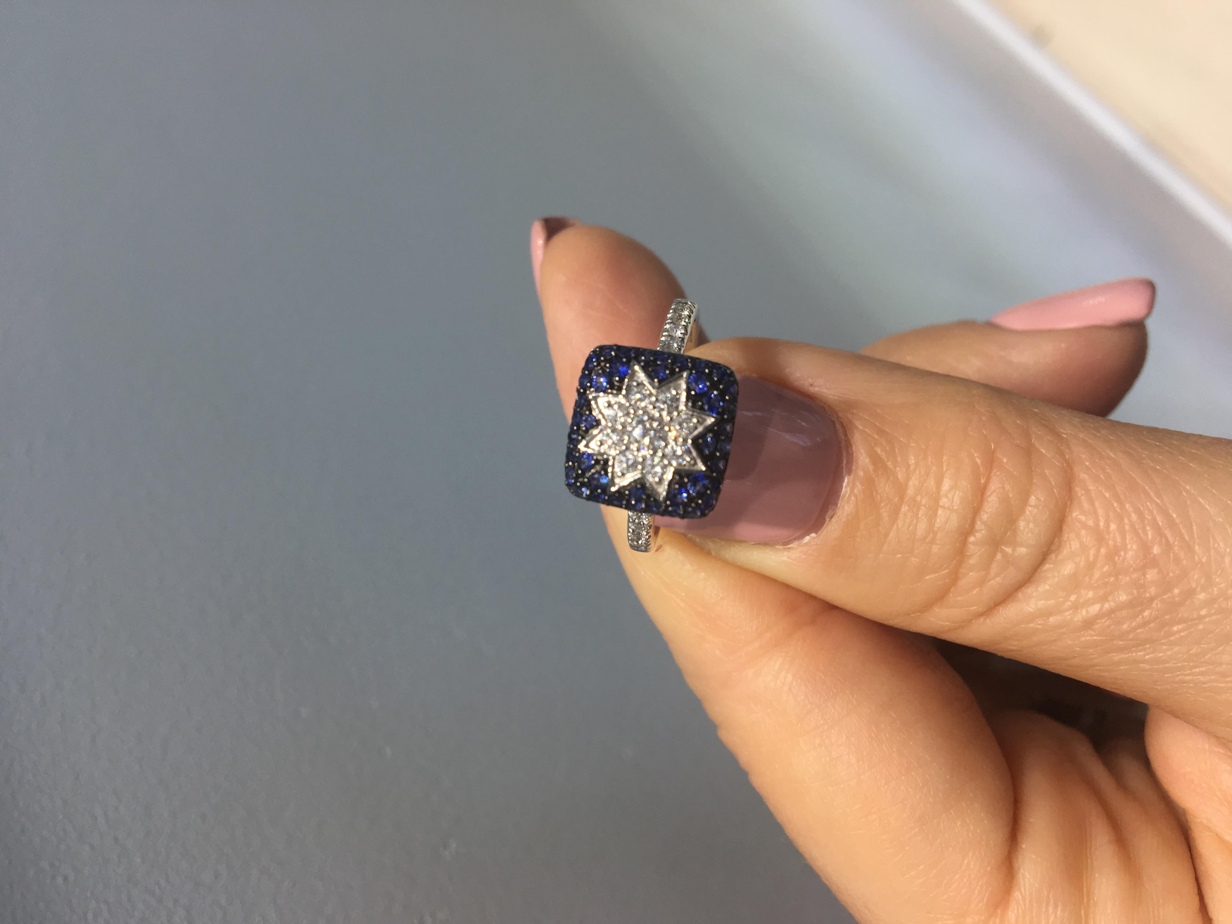Rare Customizable Blue Sapphire White Diamond White Gold Protective Star Ring For Sale 2