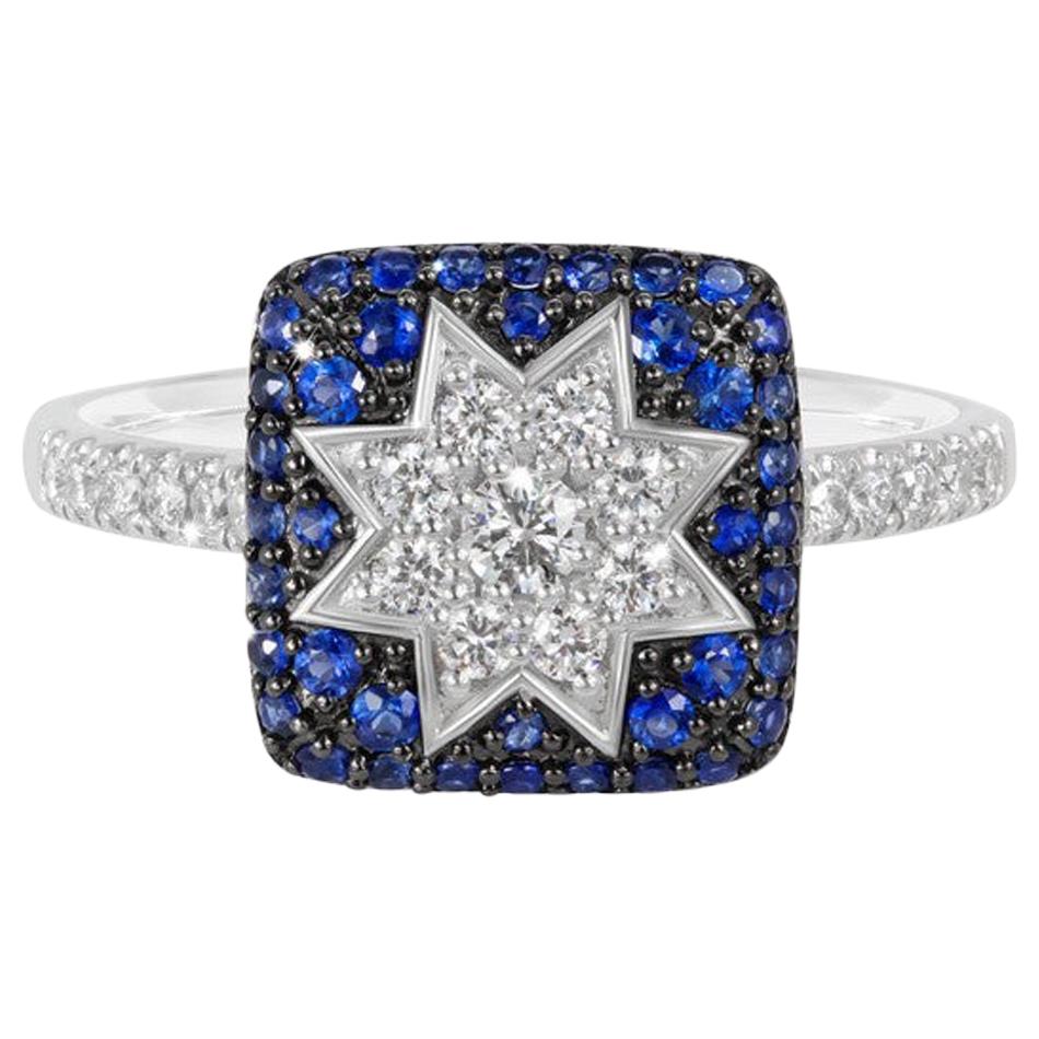 Rare Customizable Blue Sapphire White Diamond White Gold Protective Star Ring For Sale