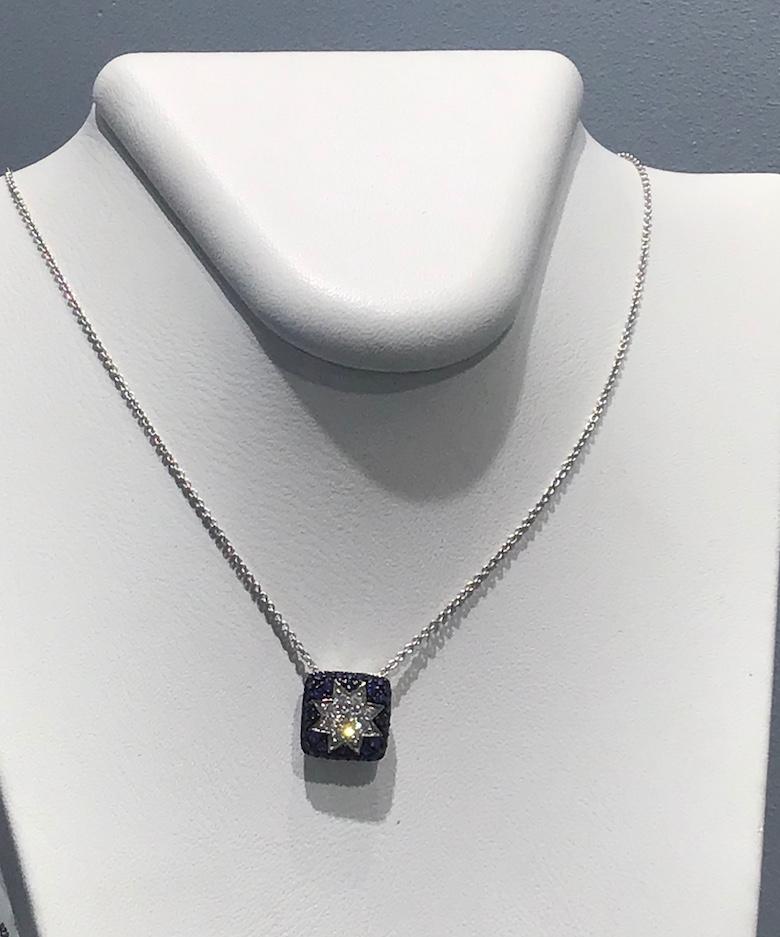 Rare Customize Blue Sapphire Diamond White Gold Necklace For Sale 1