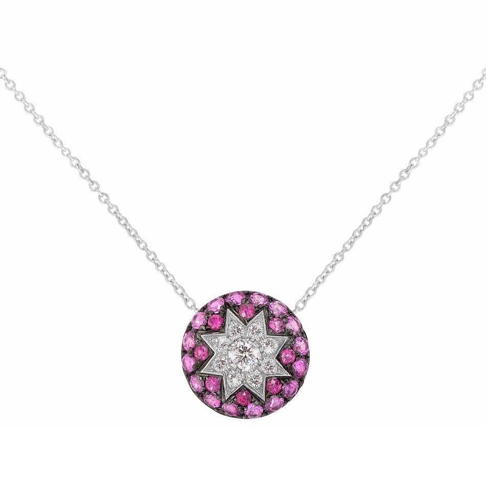 Round Cut Rare Customize Ruby Pink Sapphire Diamond White Gold Necklace For Sale