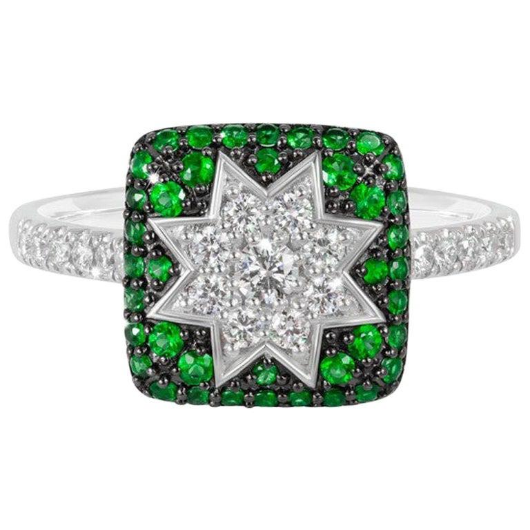 Rare bague personnalisée en or blanc avec tsavorite et diamants