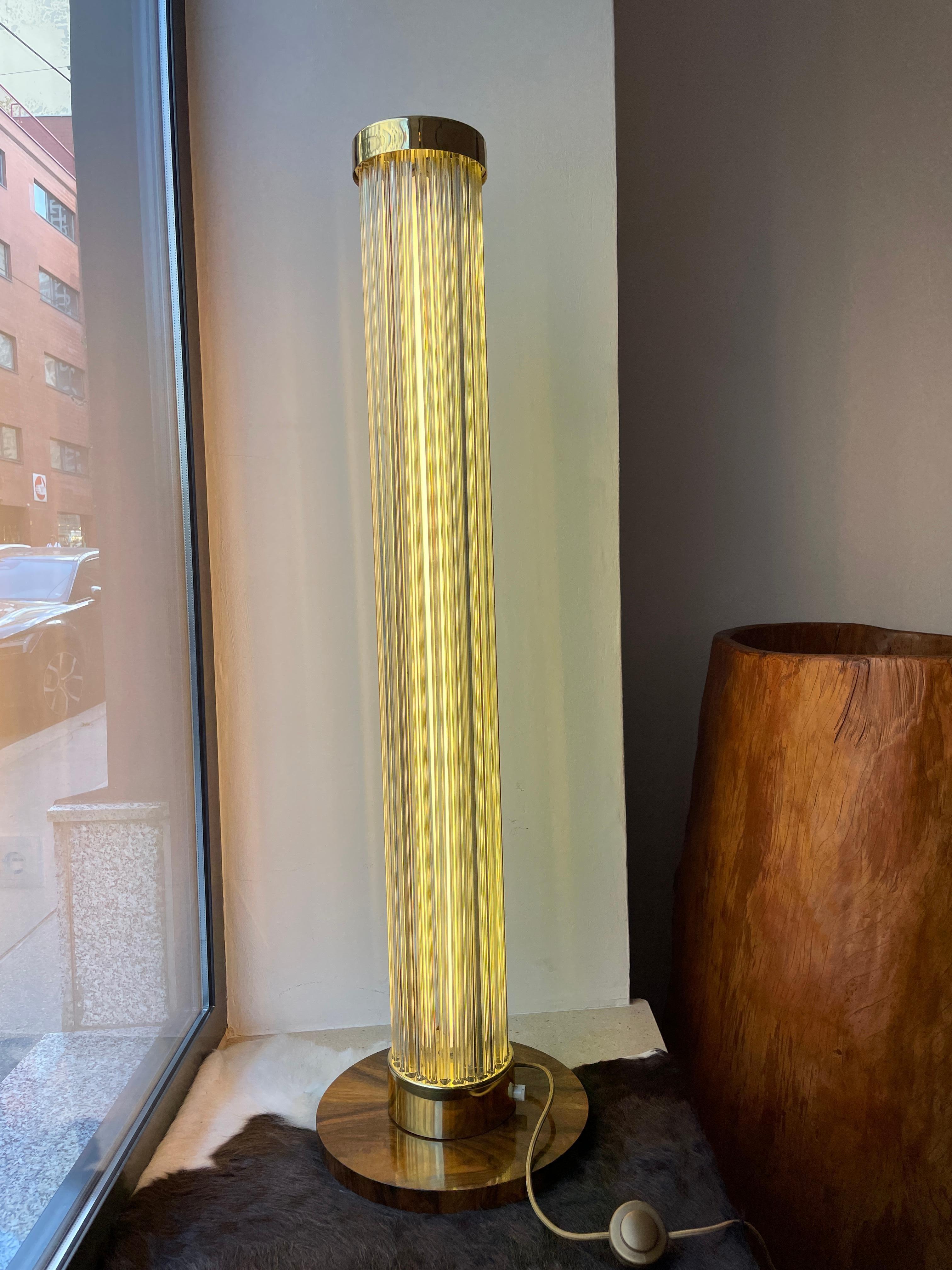 Manufacturer Fa. Preciosa in Steinschönau / Kamenicky Senov, Czechoslovakia, 1970s.
Construction from brass surface, glass rods and walnut veneered base. 
The lamp has been completely restored and re-electrified. Very nice mood lighting. 