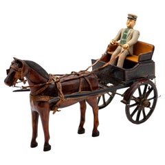 Rare Danish Antique Toy Carriage with Coachman and Horse