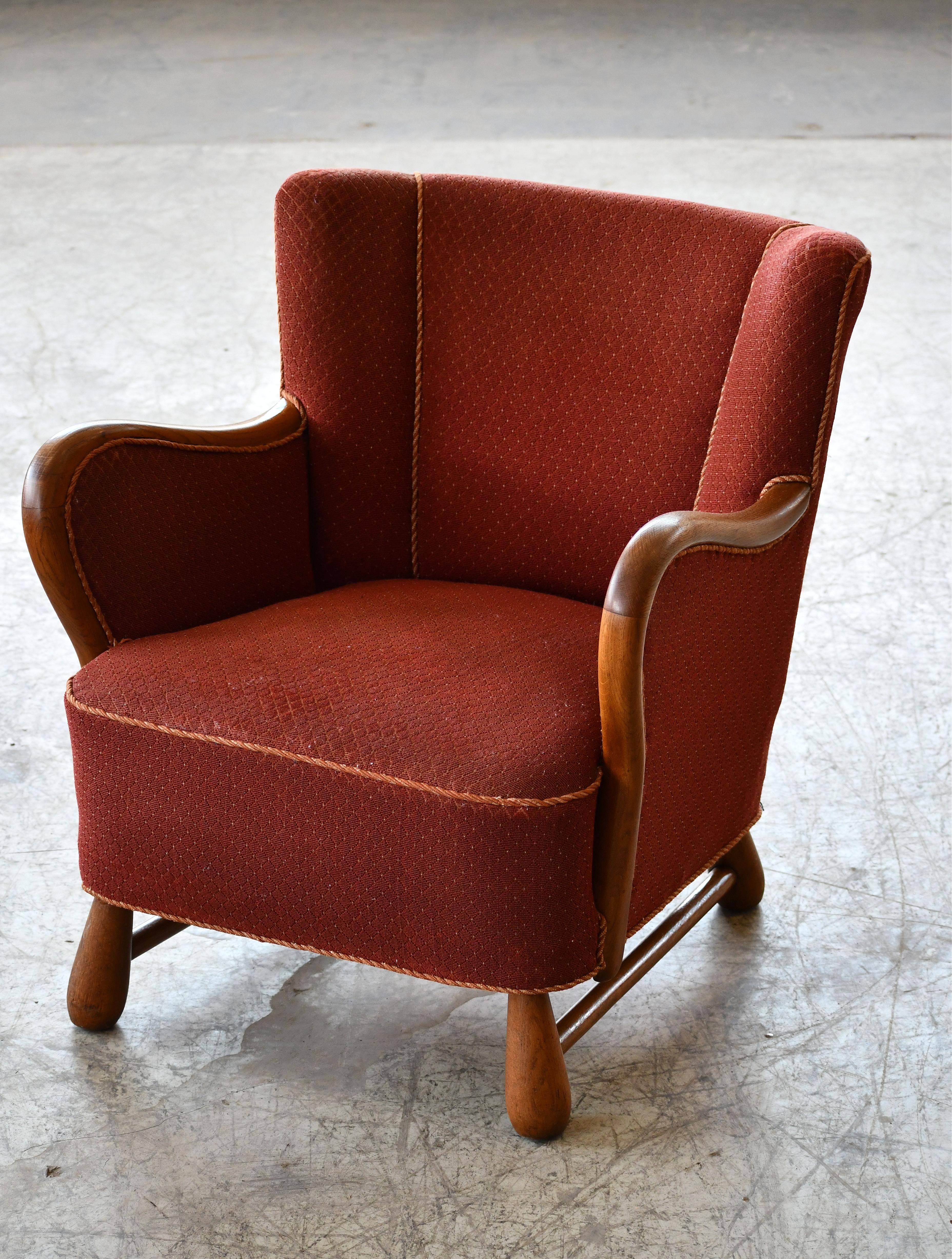 Wool Rare Danish Easy Lounge Chair in Mahogany Attributed to Otto Færge, 1940's For Sale