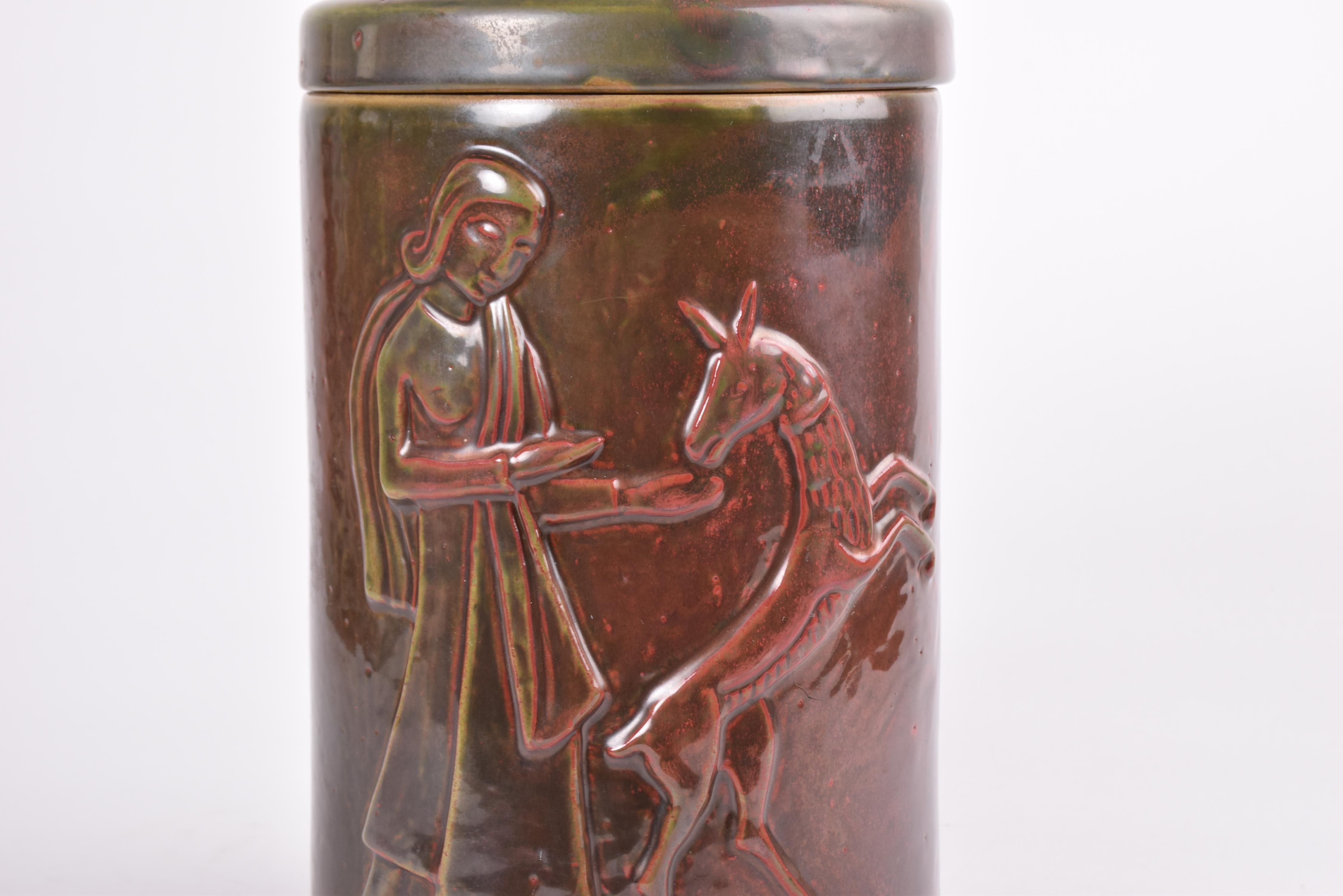Rare Danish L. Hjorth Large Lidded Jar Oxblood Red Glaze Man & Dog Motif ca 1930 For Sale 5