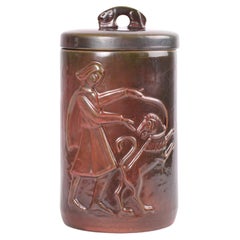 Used Rare Danish L. Hjorth Large Lidded Jar Oxblood Red Glaze Man & Dog Motif ca 1930